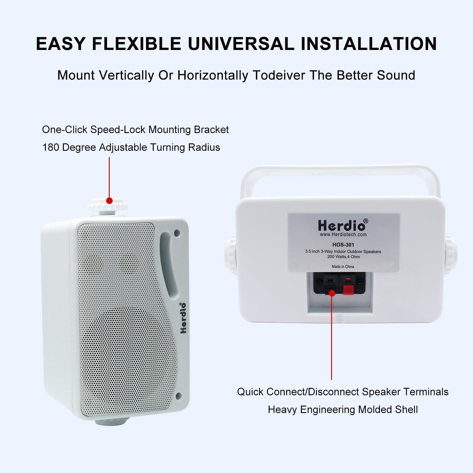 Herdio Herdio 3.5 Inch Passive Outdoor Speakers Wired Waterproof, 200W 3 Way Premium Mountable Wall Mount Speakers with Superior Sound, All-Weather Durability, for Patio Marine Boat Garage Indoor(White Pair)