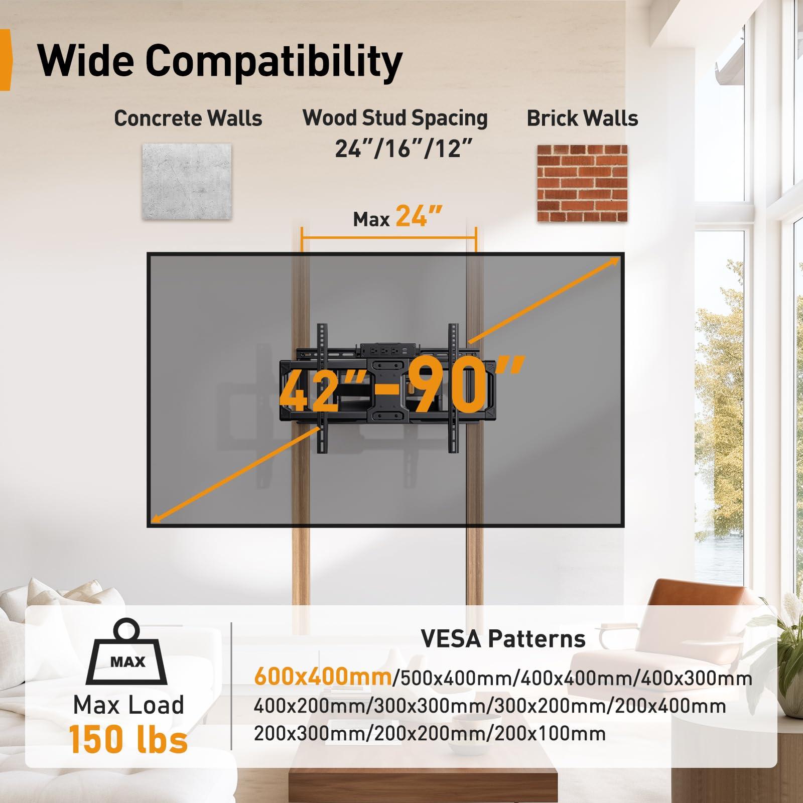 Perlegear Perlegear Full Motion TV Wall Mount with Power Strip for 4290 Inch TVs up to 150 lbs, Pre-Assembled TV Mount Has Smooth Swivel, Tilt, Extension, Max VESA 600x400mm, 12/16/24 Wood Studs, PGLF11