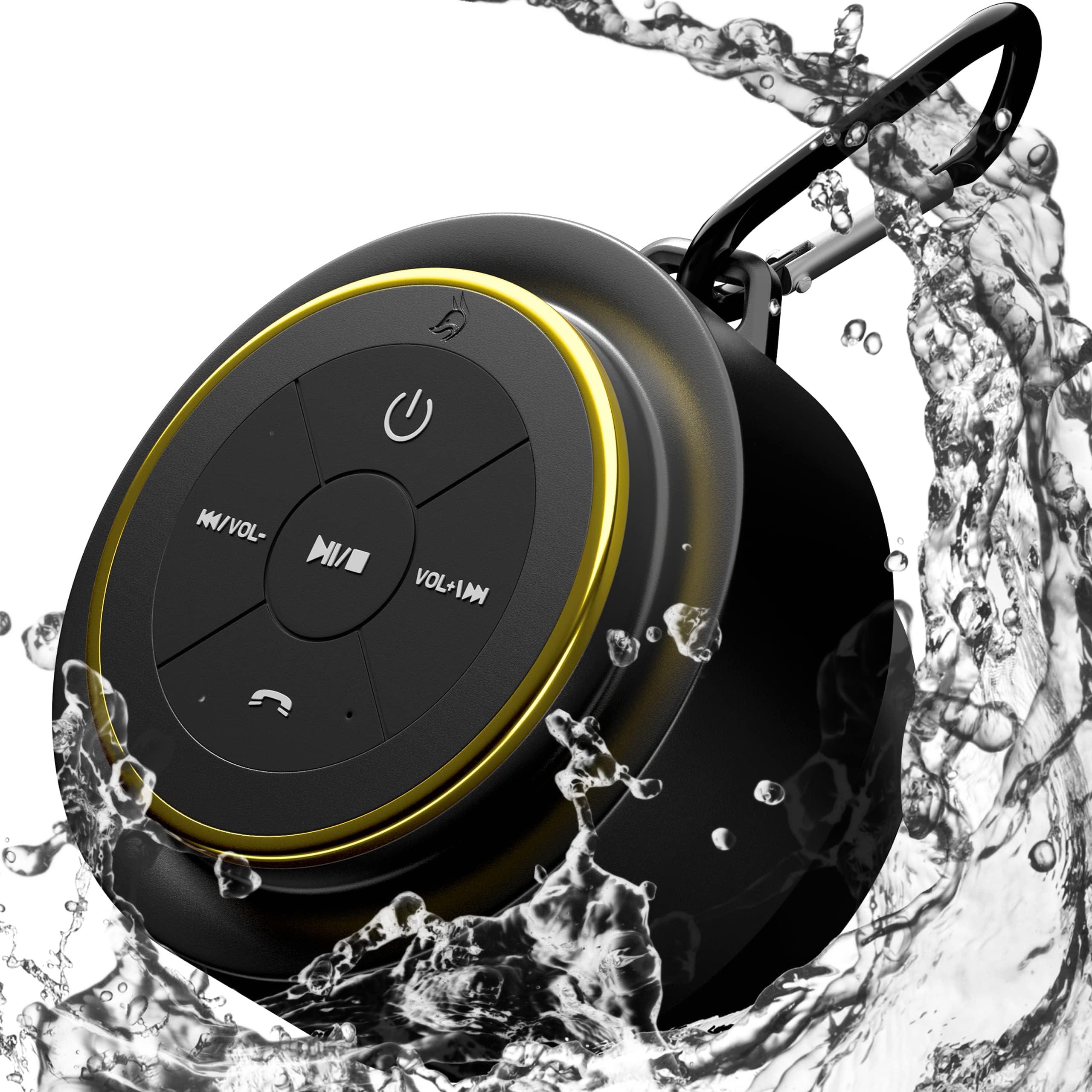 iFox Creations iFox Portable Bluetooth Shower Speaker, IPX7 Waterproof Outdoor Wireless Speaker, Built-in Mic, Carabiner, Beach, Camping, Hiking, Pool, Great Gift, Black/Gold