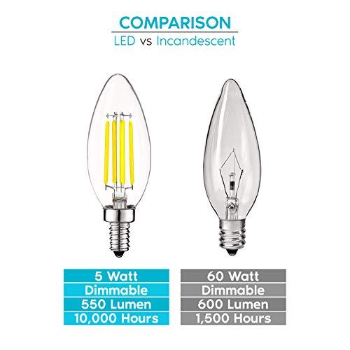 LUXRITE LUXRITE Vintage Candelabra LED Bulb 60W Equivalent, 550 Lumens, 5000K Bright White, LED Chandelier Light Bulbs 5W, Dimmable, Torpedo Tip Clear Glass, Filament LED Candle Bulbs, E12 Base (12 Pack)