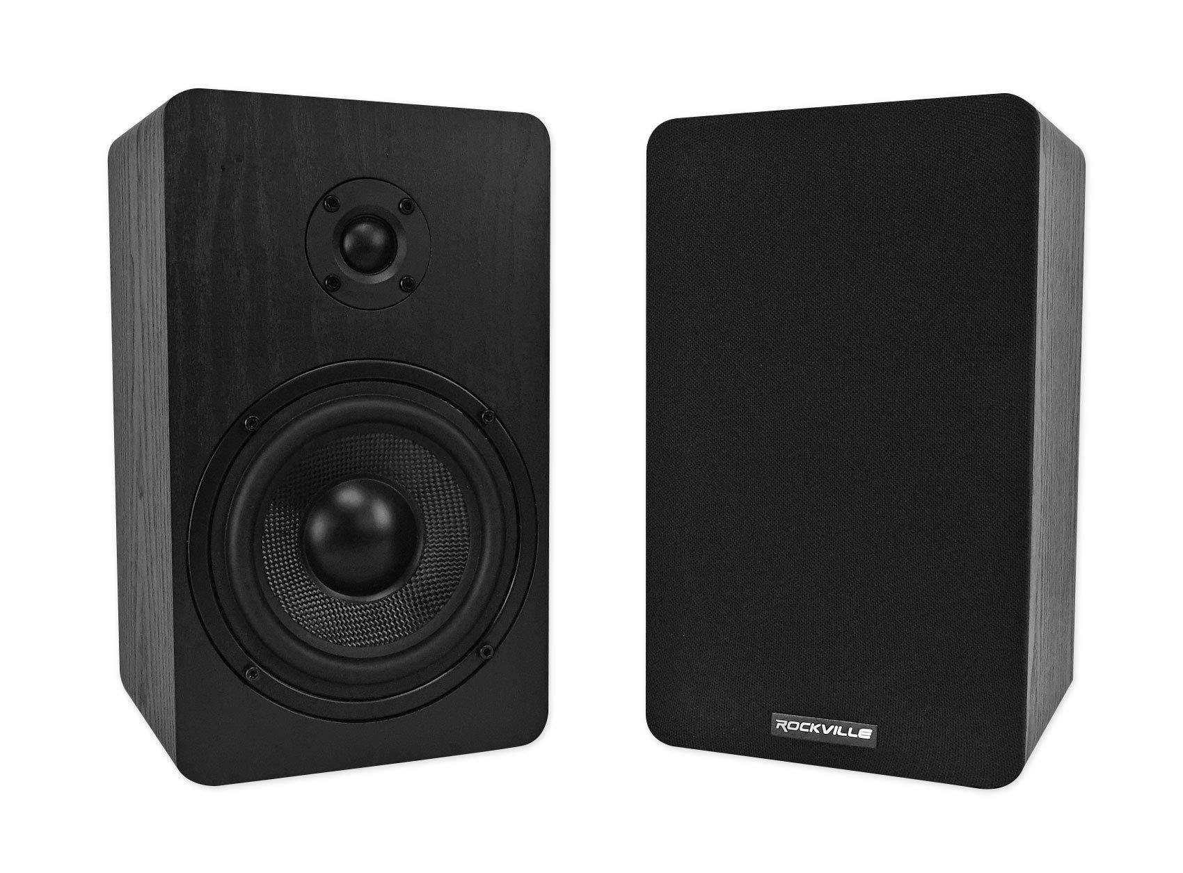 Rockville (2) Rockville RockShelf 54B Black 5.25\" Home Bookshelf Speakers+8\" Wood Stands