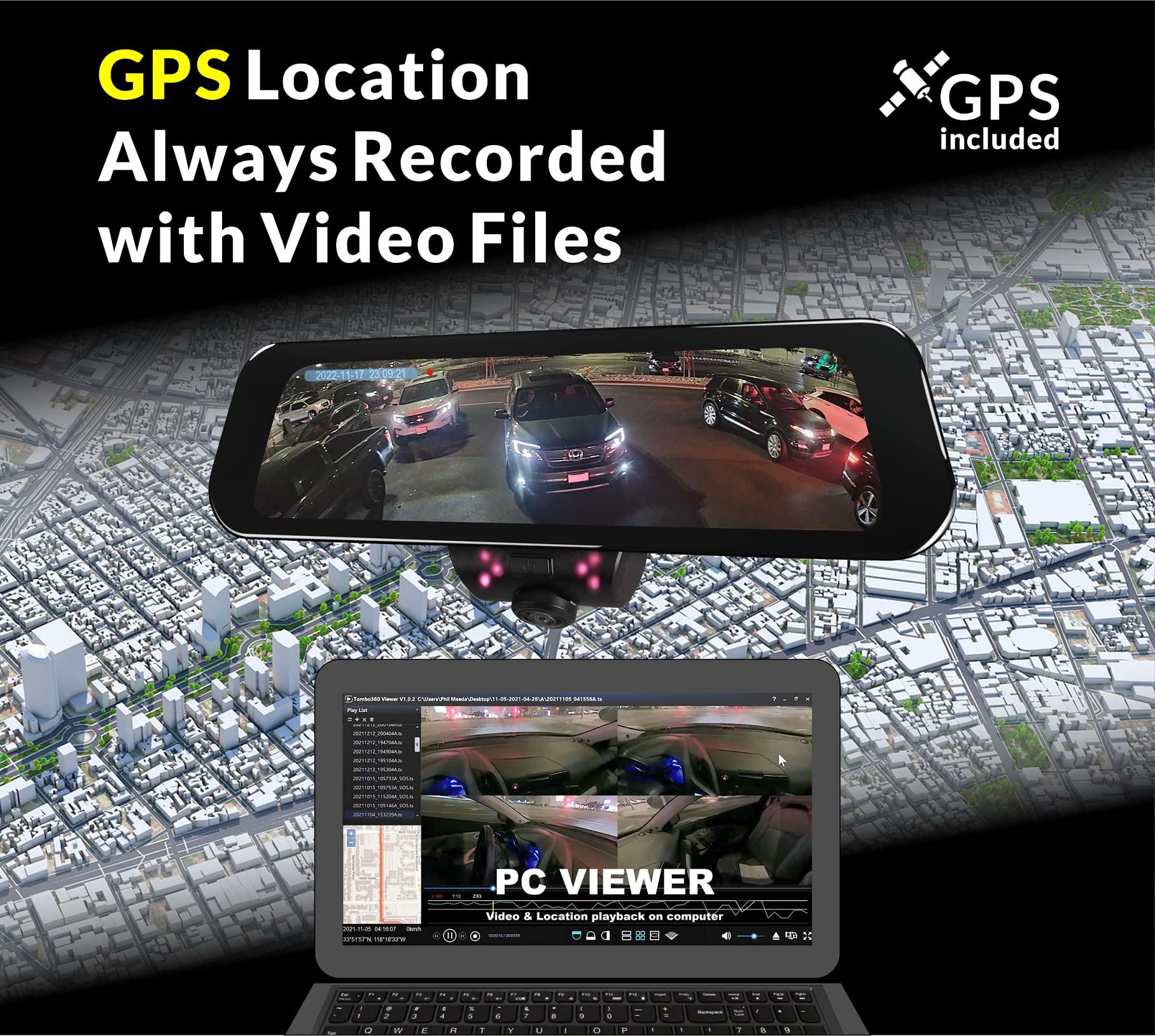 Rydeen RYDEEN TOMBO 360X Surround View 4K Dash Camera 10-inch Touchscreen Frameless Rearview Mirror with TFT Monitor w/Auto Brightness Day/Night, Backup Video-in, Backup Camera Included