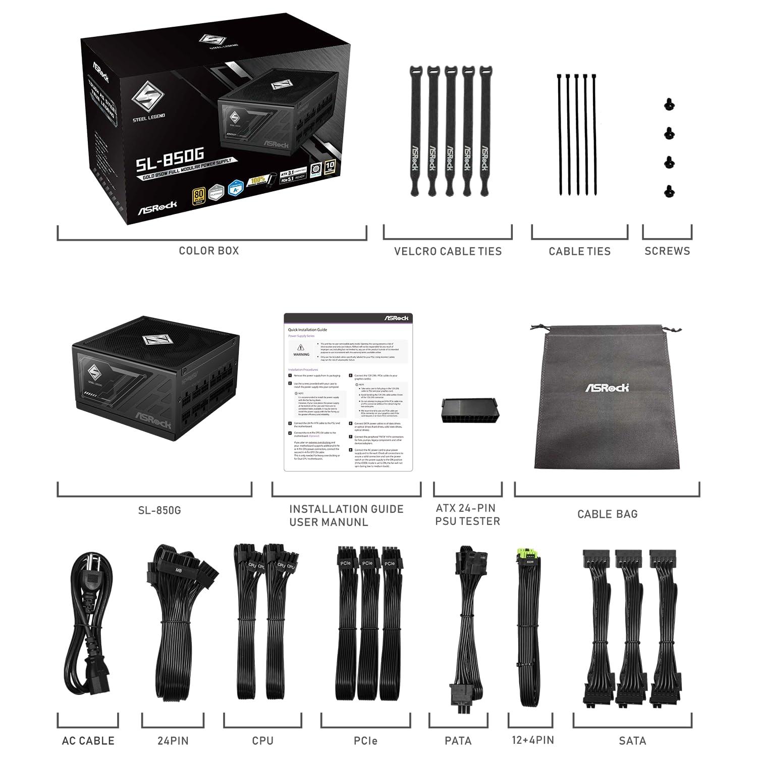 ASRock ASRock Steel Legend SL-850G 850W 80 Plus Gold & Cybenetics Platinum Full Modular Power Supply ATX3.1 PCIe5.1 Ready with Dual Color 12V-2x6 Cable 10 Years Warranty 135 mm FDB Fan Japanese Capacitor