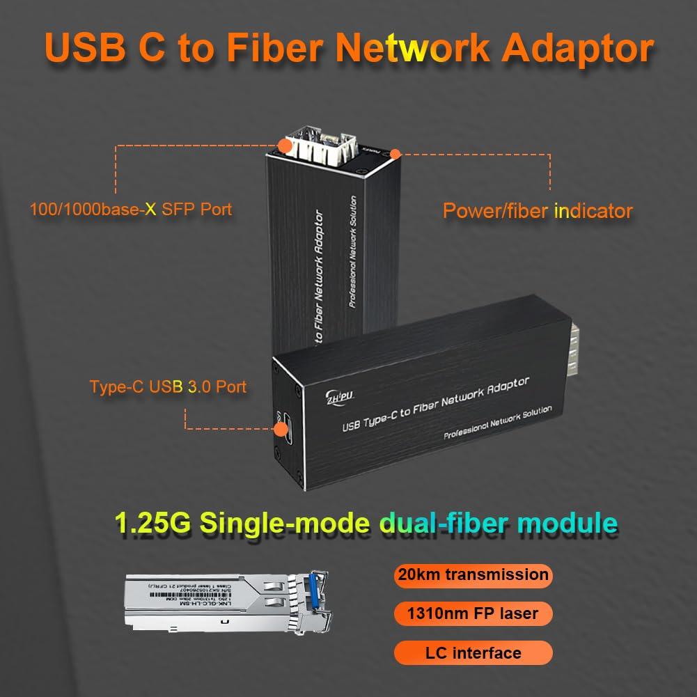Zhpuostd USB C to Fiber Network Adaptor,USB3.0 Type C to 100/1000base-X SFP Gigabit Network Card,Equipped with a 1.25G Single-Mode Dual-Fiber Module,20km Transmission