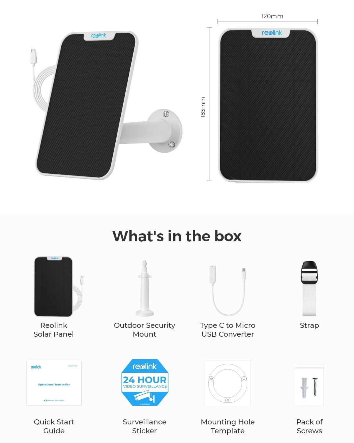 REOLINK REOLINK 3W Solar Panel Power Designed for Wireless Outdoor Security Camera Solar Powered Cameras, 6V Type C Port, Compatible with Argus Eco/Go PT Plus/Argus 3 Pro/Argus PT, Non-Stop Charging (White)