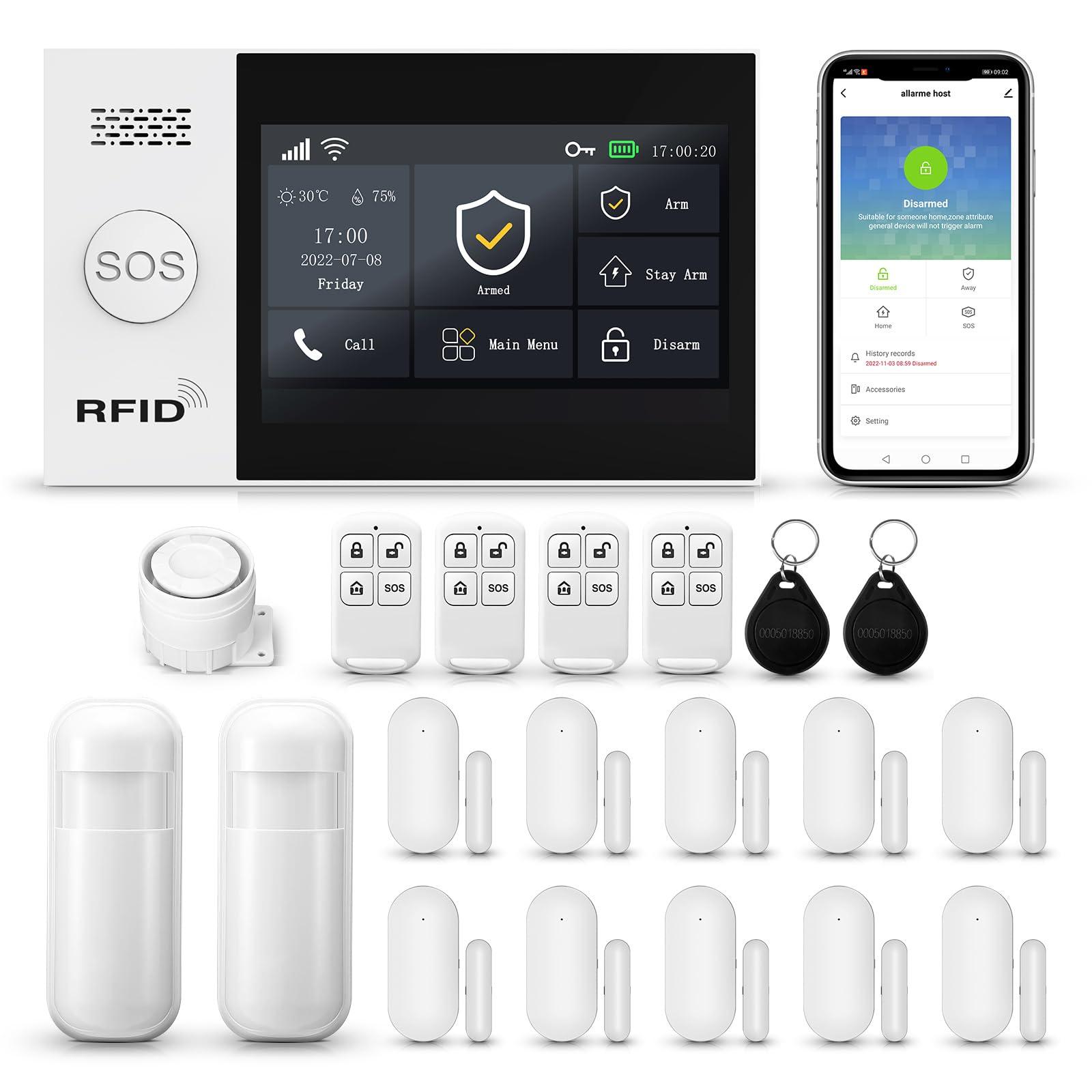 Clouree Touch Screen Alarm System for Whole House Security, WiFi Wireless Home Alarm 20 Piece Kit with Siren, PIR Motion Sensor, Remote Controls, Window/Door Sensor,Support SMS Push