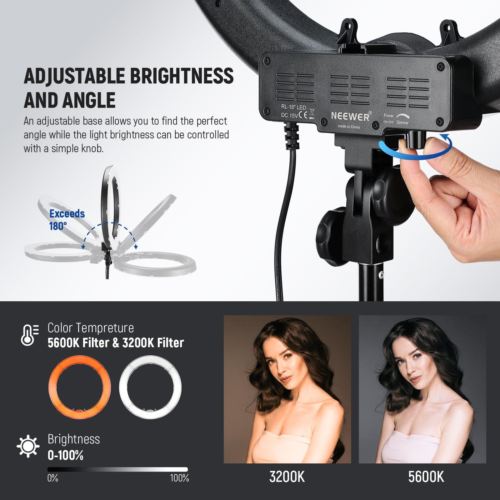 Neewer NEEWER Ring Light 18inch Kit: 55W 5600K Professional LED with Stand and Phone Holder for Tattoo Lash Barber Makeup Video Photography Lighting, RL-18 with Phone Tripod Mount Adapter