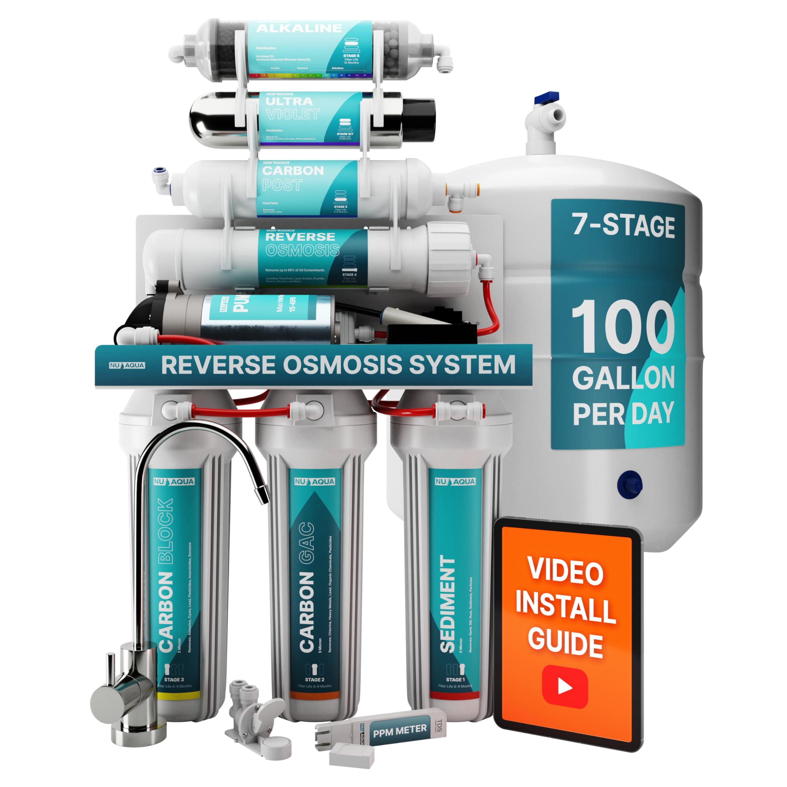 NU Aqua NU Aqua 7-Stage Alkaline & UV Under Sink Reverse Osmosis Water Filter System - Booster Pump - 100 GPD RO Filtration & Remineralization - Faucet & Tank - 100GPD Undersink Home Kitchen Drinking Purifier