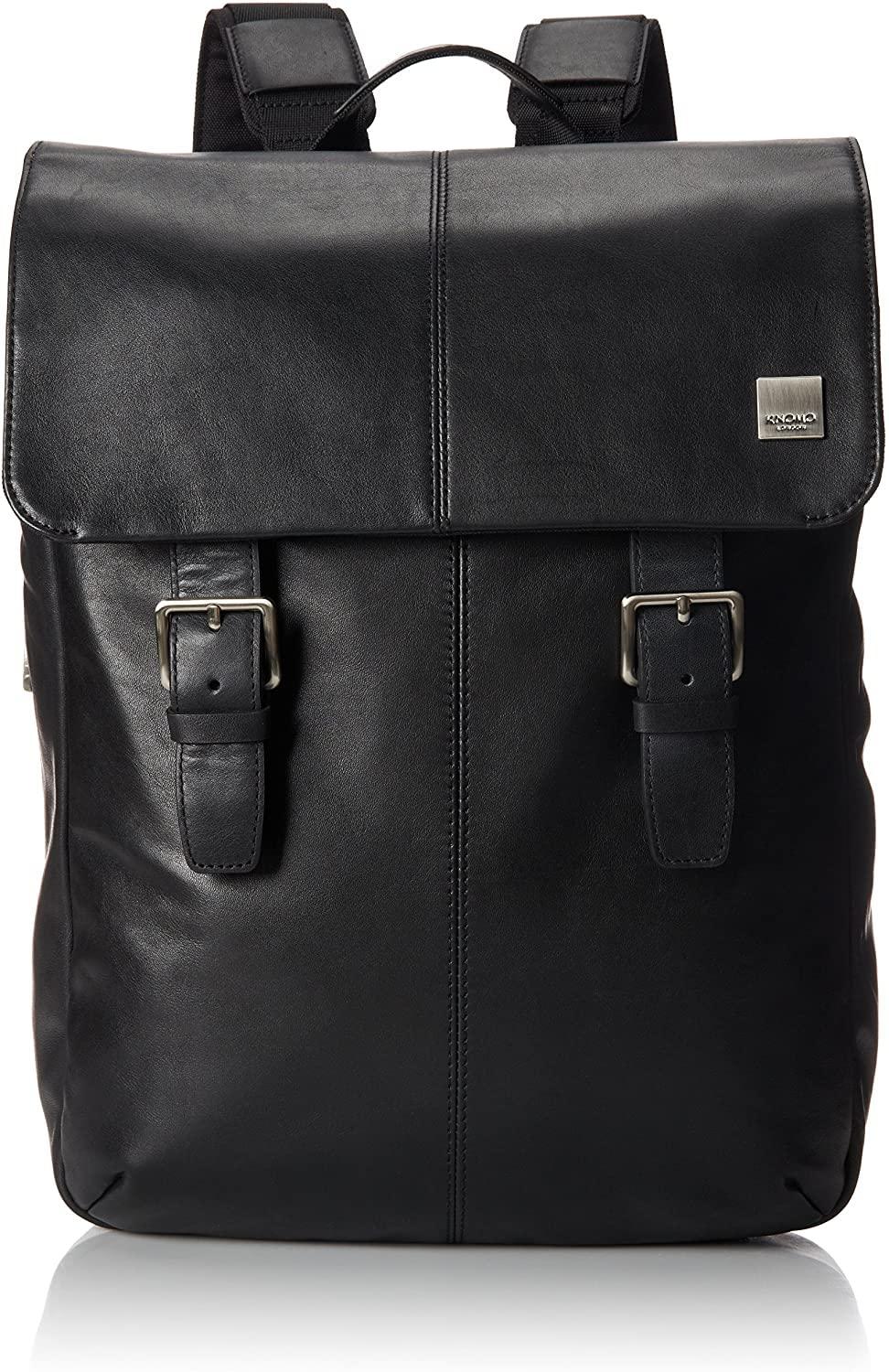 KNOMO KNOMO Hudson Large Leather 16 inch Laptop Business Backpack for Work Computer Travel Bag Daypack Bag with Flap, Black