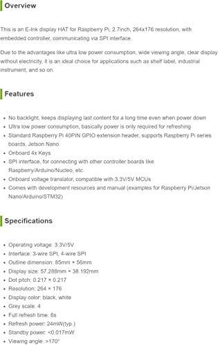 waveshare waveshare 2.7inch E-Ink Display HAT Compatible with Raspberry Pi 4B/3B+/3B/2B/B+/A+/Zero/Zero W/WH/Zero 2W Series Boards 264x176 Resolution SPI Interface