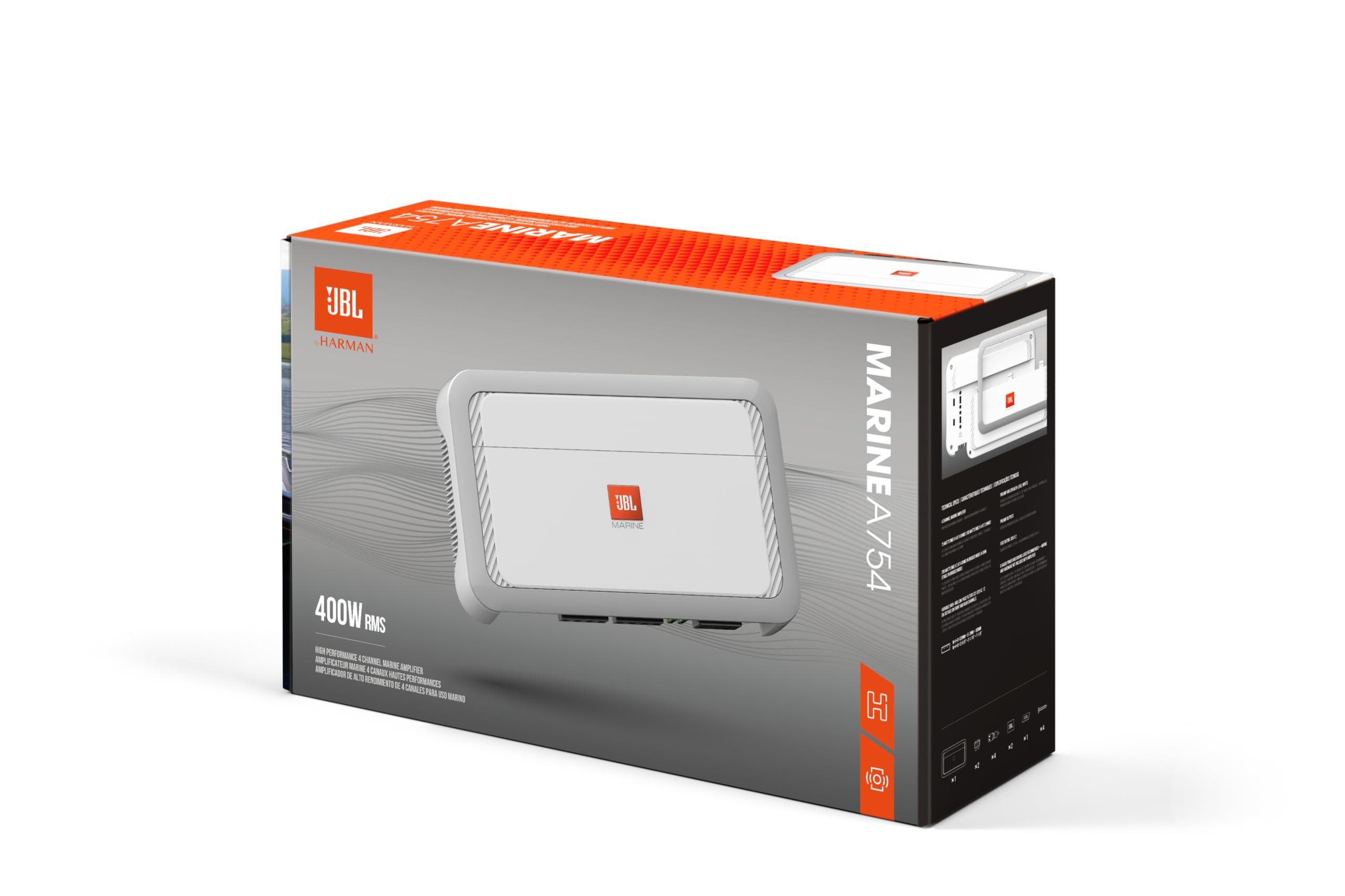 JBL JBL MA754 - High Performance 4-Channel Marine Amplifier, 200 watts RMS x 2 at 4 ohms in bridged Mode (4-ohm Stable in bridged Mode), Preamp and Speaker-Level inputs