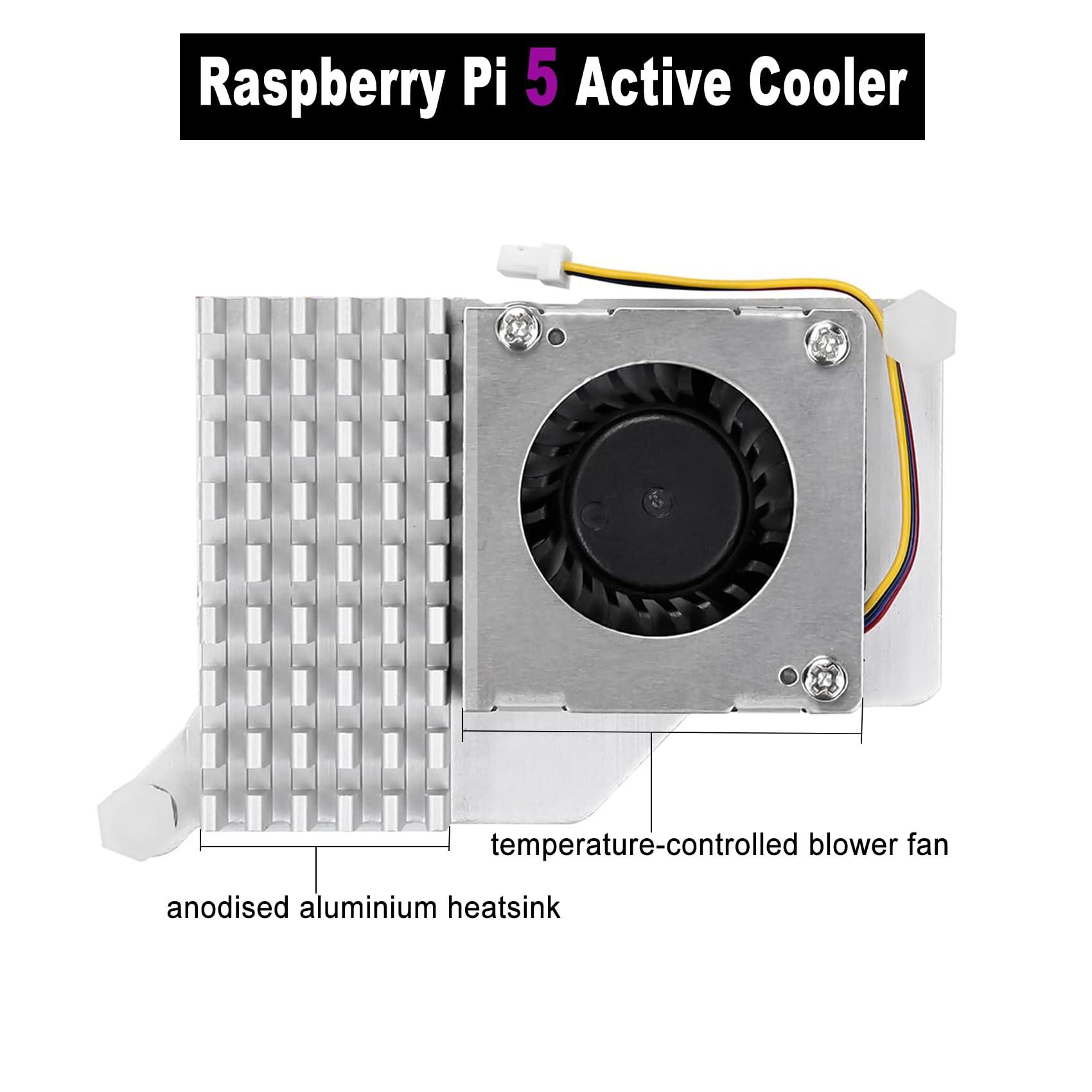 Awxlumv Raspberry Pi Active Cooler for Raspberry Pi 5 with 30mm PWM 4-Pin Cooling Fan Pi 5 Heatsink with Thermal Tape, Aluminium Heatsink Variable-Speed Blower