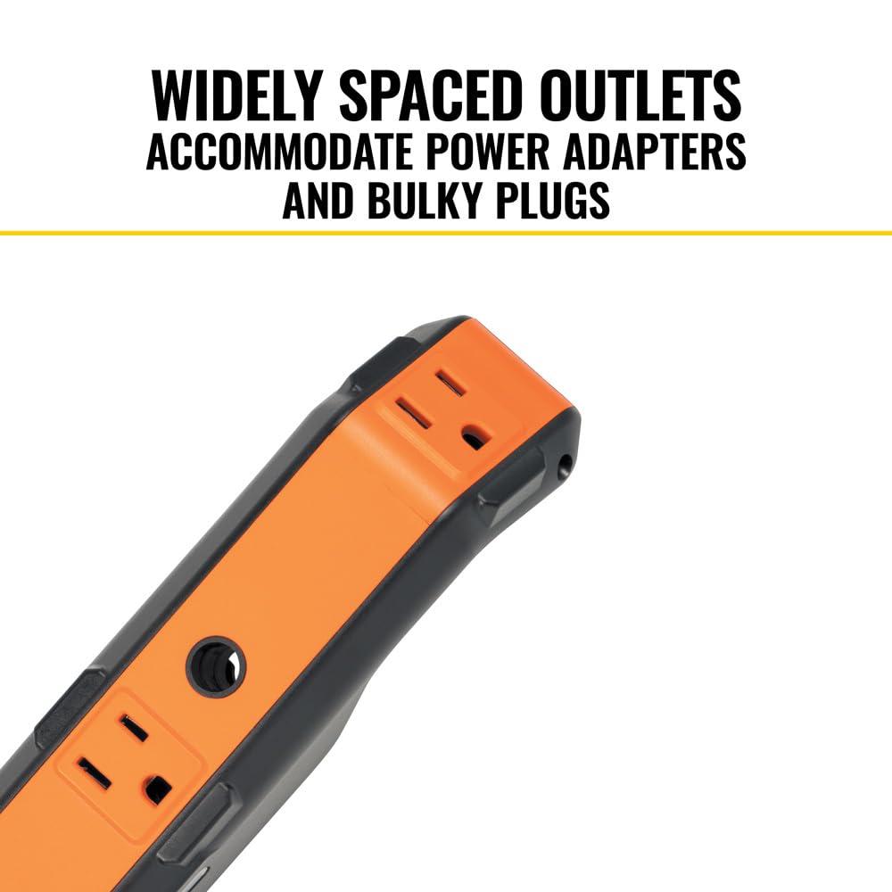 KLEIN TOOLS Klein Tools 29602 Magnetic Power Strip, Surge Protector with Motion Sensor LED Light, 5 Outlets, USB-C and 2 USB-A Ports, 5-Foot Cord, Heavy Duty for Workshop