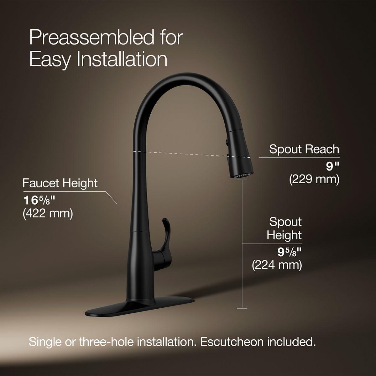 Kohler KOHLER Simplice Pull Down Kitchen Faucet, 3-Spray Faucet, Kitchen Sink Faucet with Pull Down Sprayer, Matte Black, K-596-BL