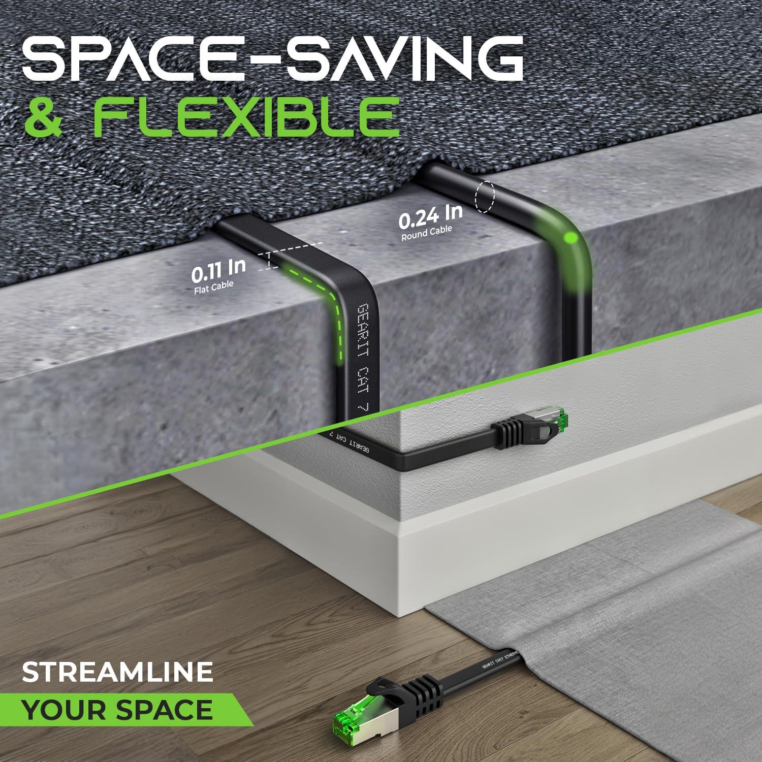 GearIT GearIT Cat 7 Outdoor Flat Ethernet Cable (10ft, Black) Direct Burial Rated LLDPE Jacket - Indoor Cat7 Shielded FTP 600MHz 10Gbps High Speed Gaming Computer Network RJ45 Snagless Patch Cord Internet