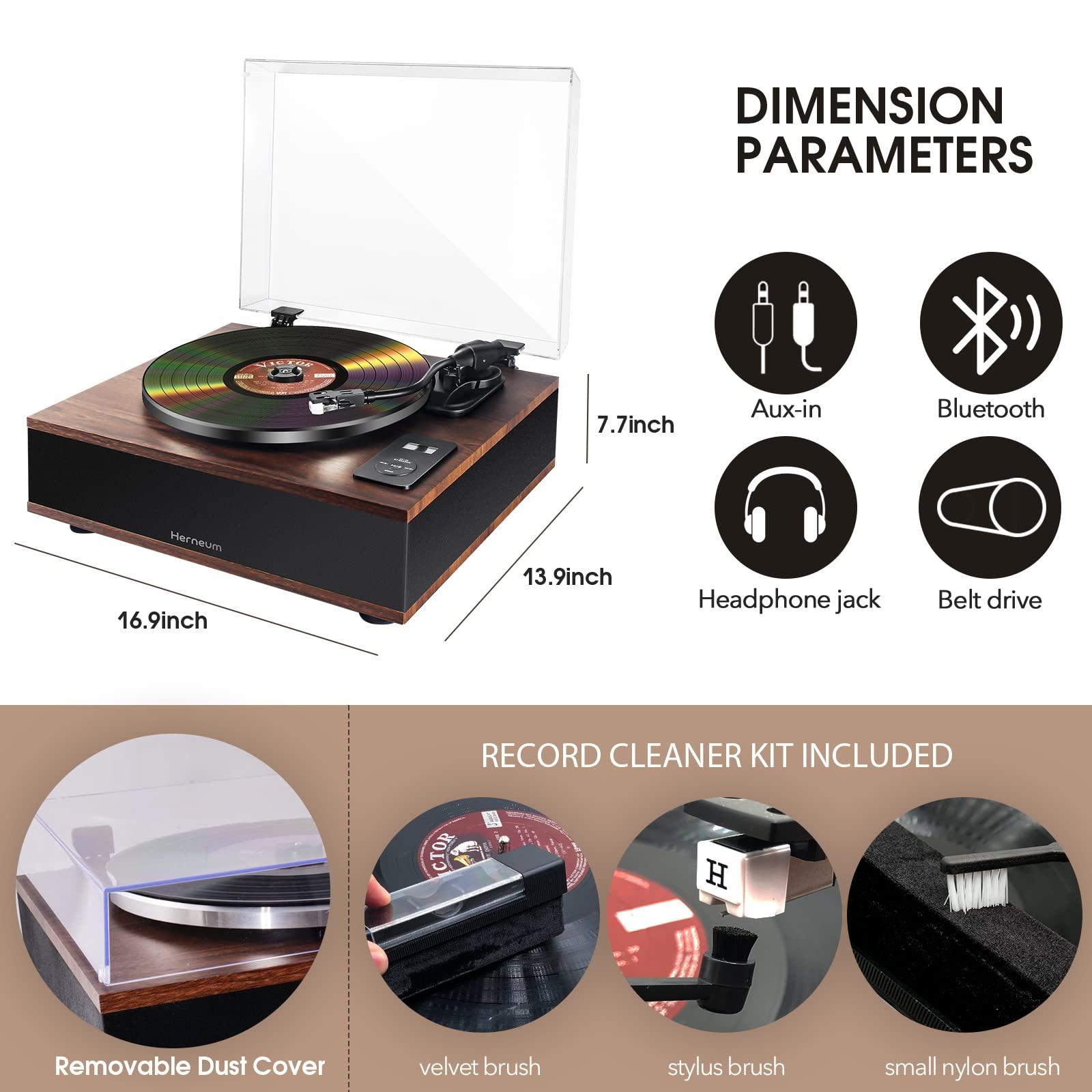 Herneum Record Player Bluetooth, Vintage Turntable with 2 Stereo Speakers Built-in Bluetooth Input Output for Double-Speed Vinyl Record Belt-Drive Manual Turntable Portable Record Player