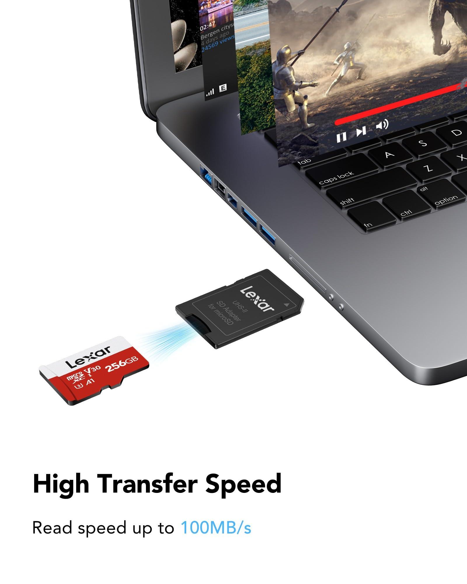 Lexar Lexar E-Series 256GB Micro SD Card, microSDXC UHS-I Flash Memory Card with Adapter, 100MB/s, C10, U3, A1, V30, Full HD, 4K UHD, High Speed TF Card