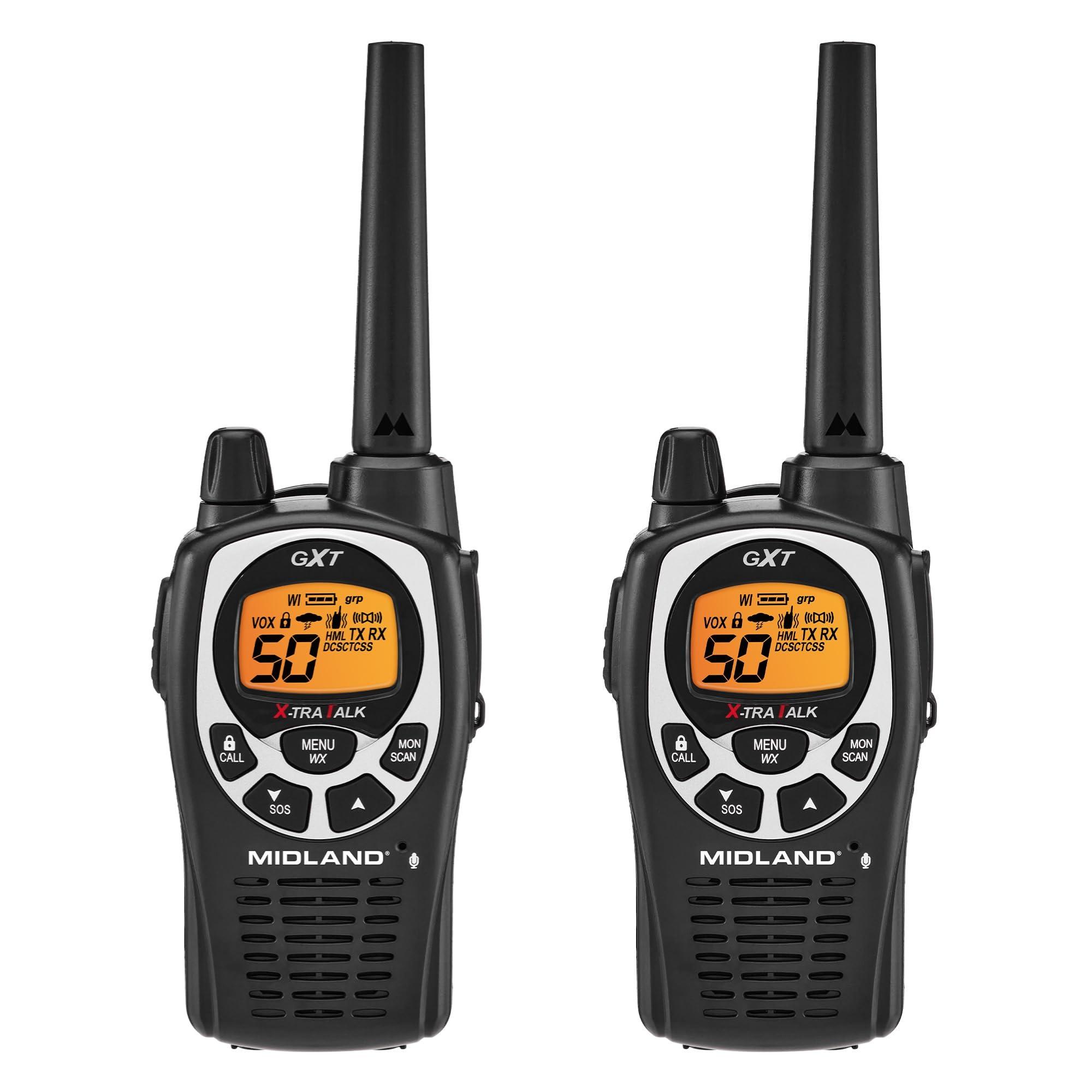 Midland Midland GXT1000VP4 GMRS Two-Way Radio (50-Channel, Long Range, 142 Privacy Codes, SOS, NOAA, Rechargeable Nickle Battery, Black/Silver, 2-Pack)