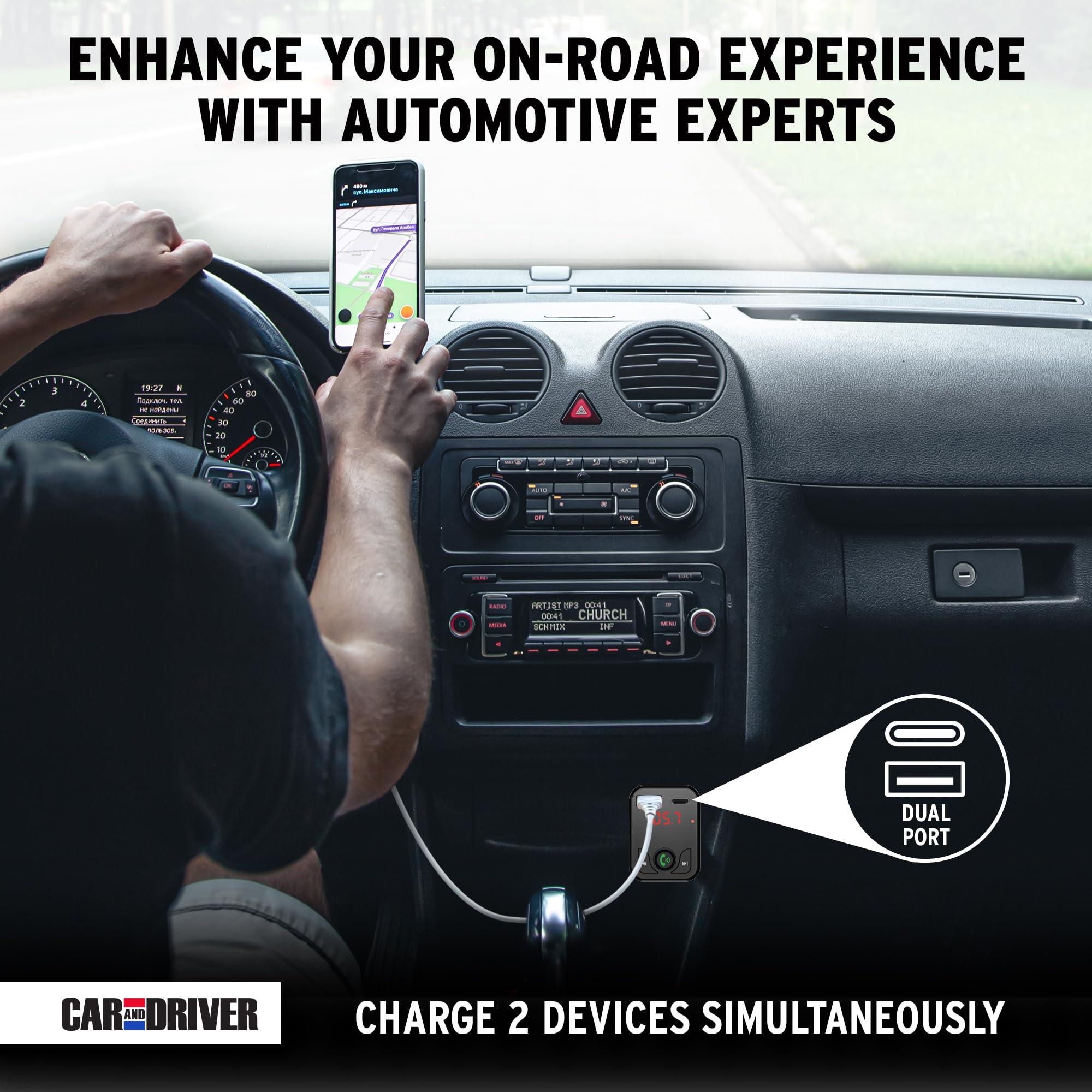 Car and Driver Car and Driver Wireless FM Transmitter | Hands-Free Calling, Built-in Mic | Dual USB 4.8A Charging Power | Stream Music & Phone from Car Stereo via Bluetooth 5.3 | Plugs into 12V Lighter Socket