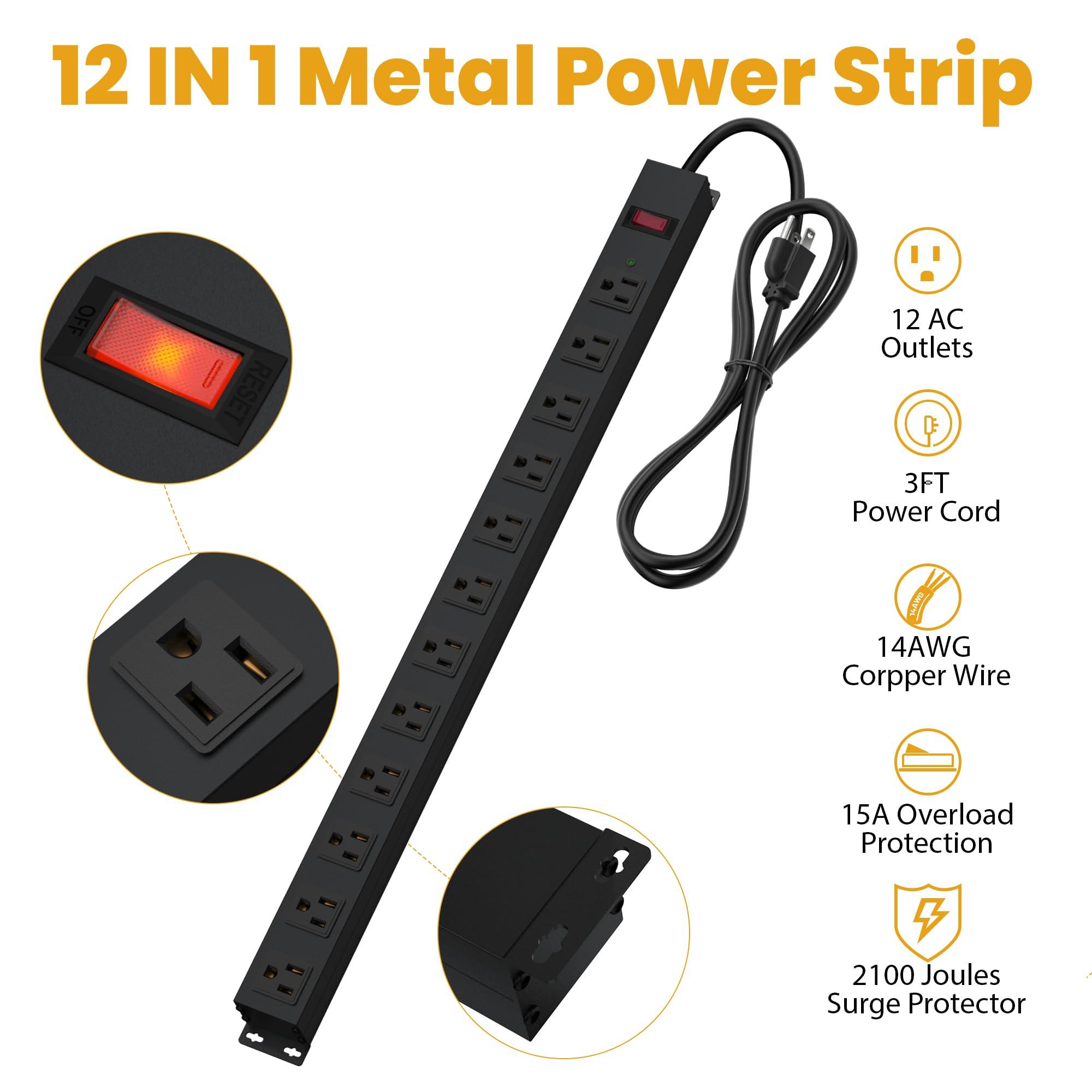 CFMASTER 12 Outlet Long Power Strip Surge Protector with 2100 Joules, 3FT Power Cord, Wide Spaced Outlet Power Bar, Overload Protection Switch, Industrial Heavy Duty for Work Bench, Shop, Garage (Black)