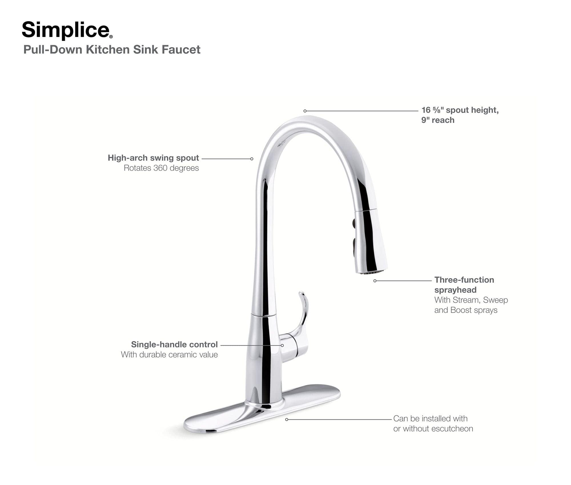 Kohler KOHLER Simplice Pull Down Kitchen Faucet, 3-Spray Faucet, Kitchen Sink Faucet with Pull Down Sprayer, Matte Black, K-596-BL