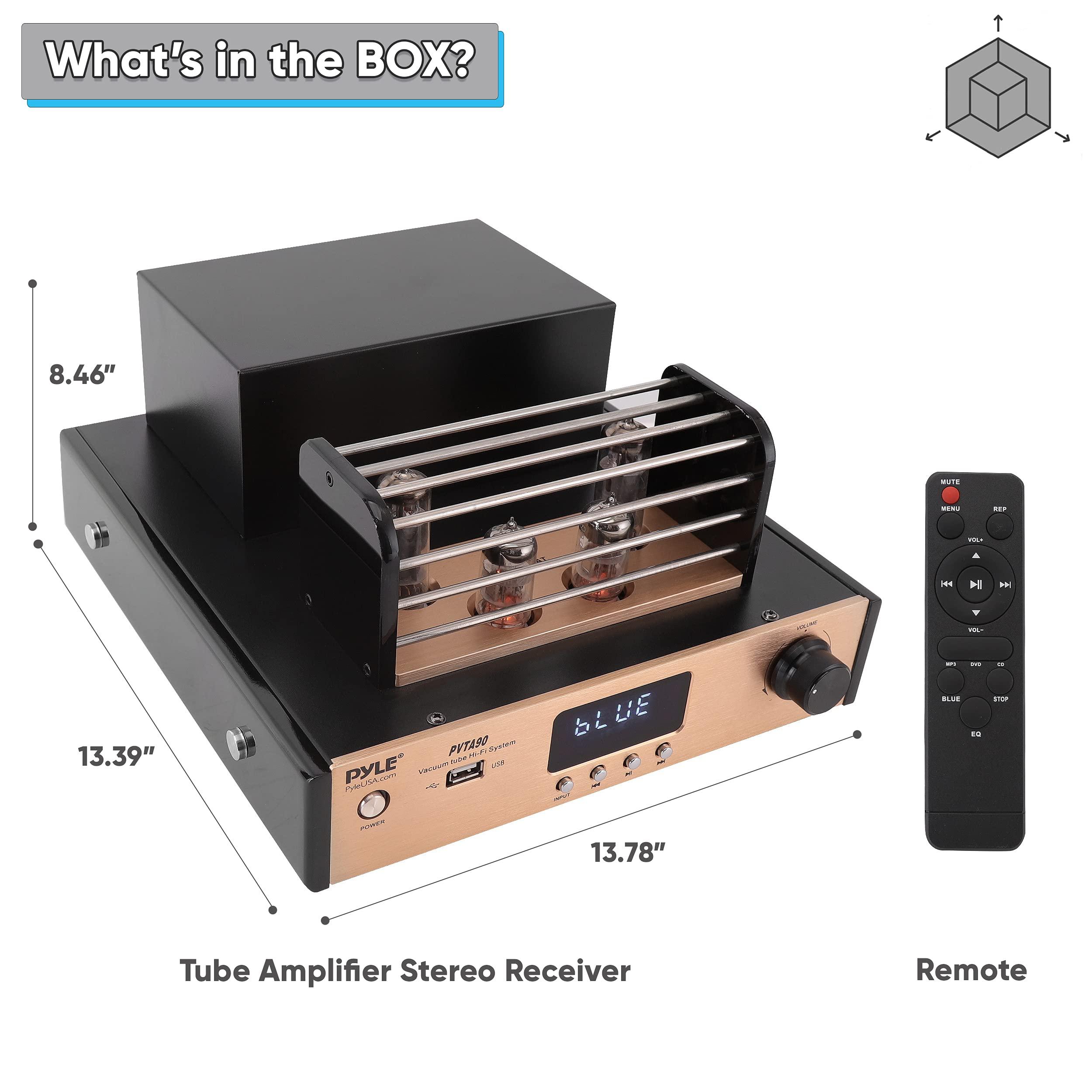 Pyle Bluetooth Tube Amplifier Stereo Receiver - 1000W Home Audio Desktop Stereo Vacuum Hi-Fi Power Amplifier Receiver w/ 4 Vacuum Tubes, USB/CD/DVD Input, Subwoofer Output - Pyle PVTA90