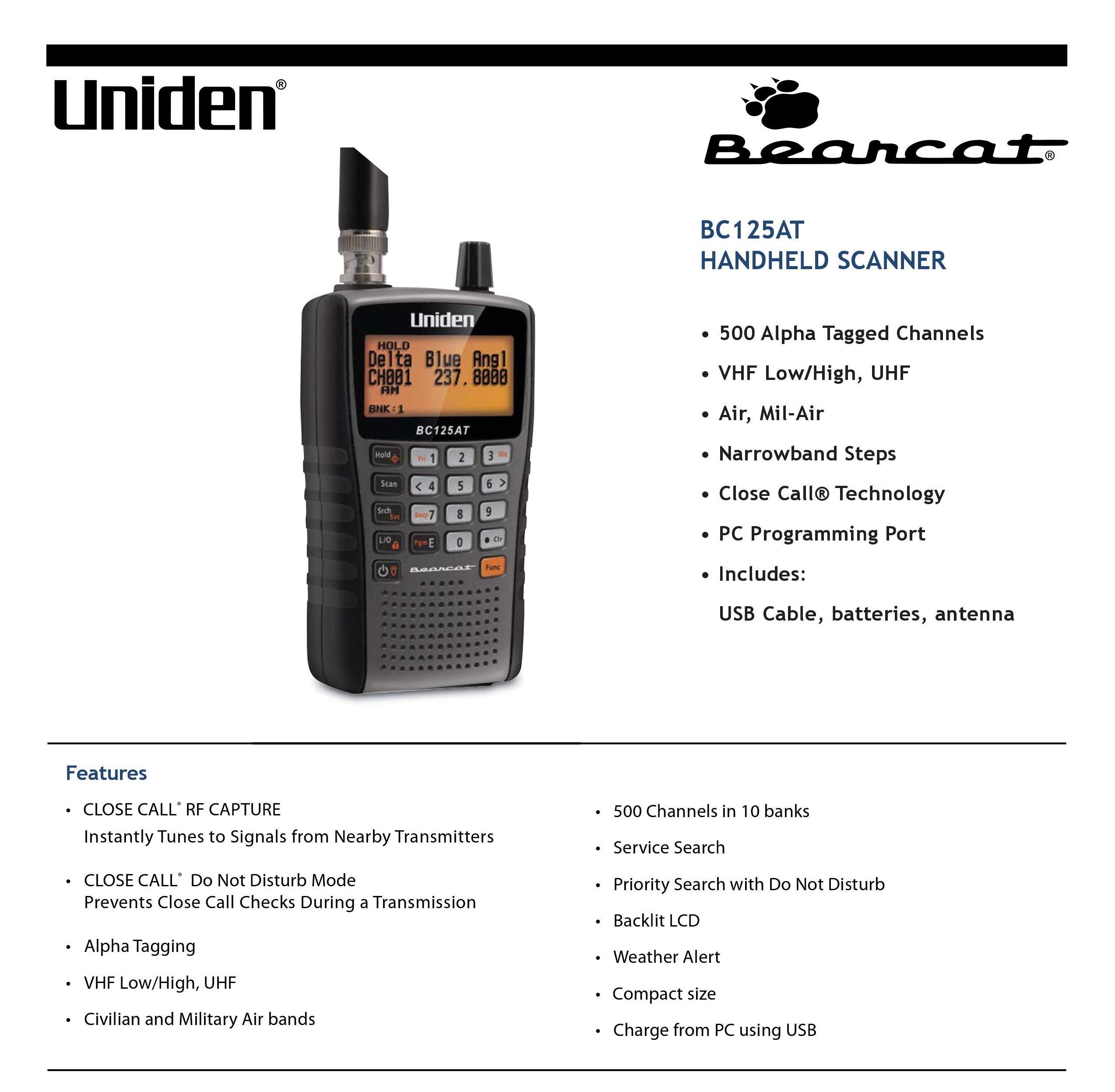 Uniden Uniden Bearcat BC125AT Handheld Scanner, 500-Alpha-Tagged Channels, Close Call Technology, PC Programable, Aviation, Marine, Railroad, NASCAR, Racing, and Non-Digital Police/Fire/Public Safety.