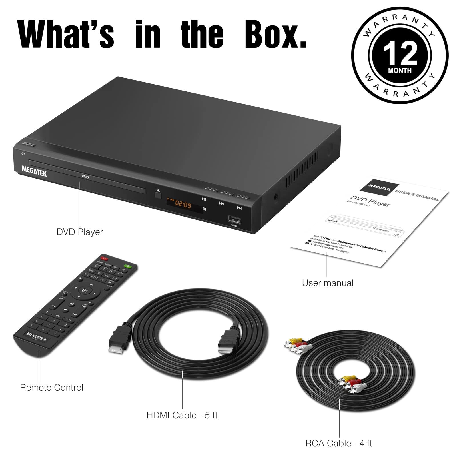 MEGATEK MEGATEK Region-Free DVD Player for TV with HDMI, CD Player for Home, Plays All Regions and Formats, USB Port, Durable Metal Casing, Remote, HDMI and RCA Cables Included