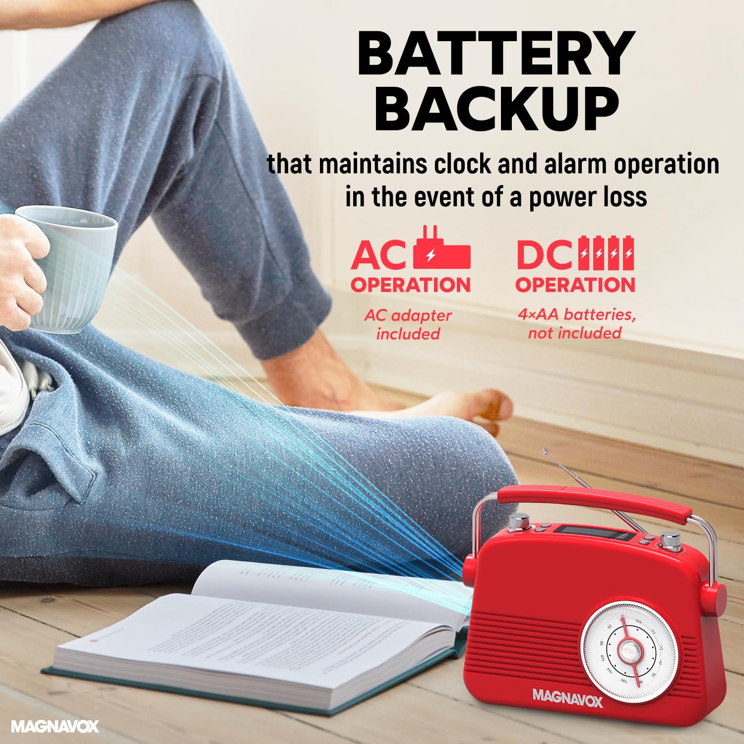 Magnavox Magnavox Retro Dual Alarm Clock FM Radio - Bluetooth Wireless Technology, LCD Display, Snooze & Sleep Timer - Ideal for Home, Bedroom & Office (Red)