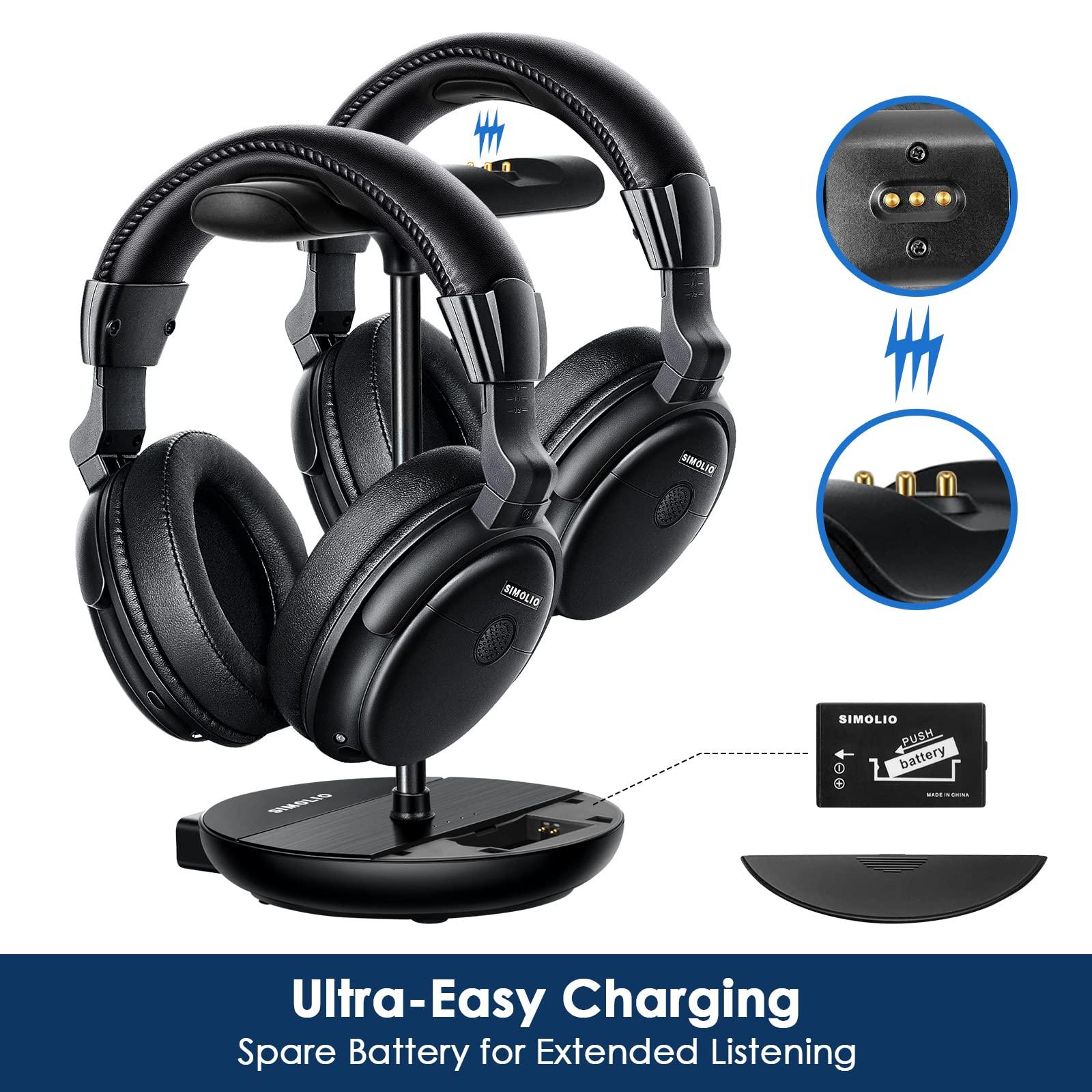 SIMOLIO SIMOLIO Dual Wireless TV Headphones with 2 Spare Batteries/Transmitter/Charging Stand 2-in-1, Wireless TV Headphones w/Dialogue Clarity & BAL & Tone Control, by-Pass, 100ft Range