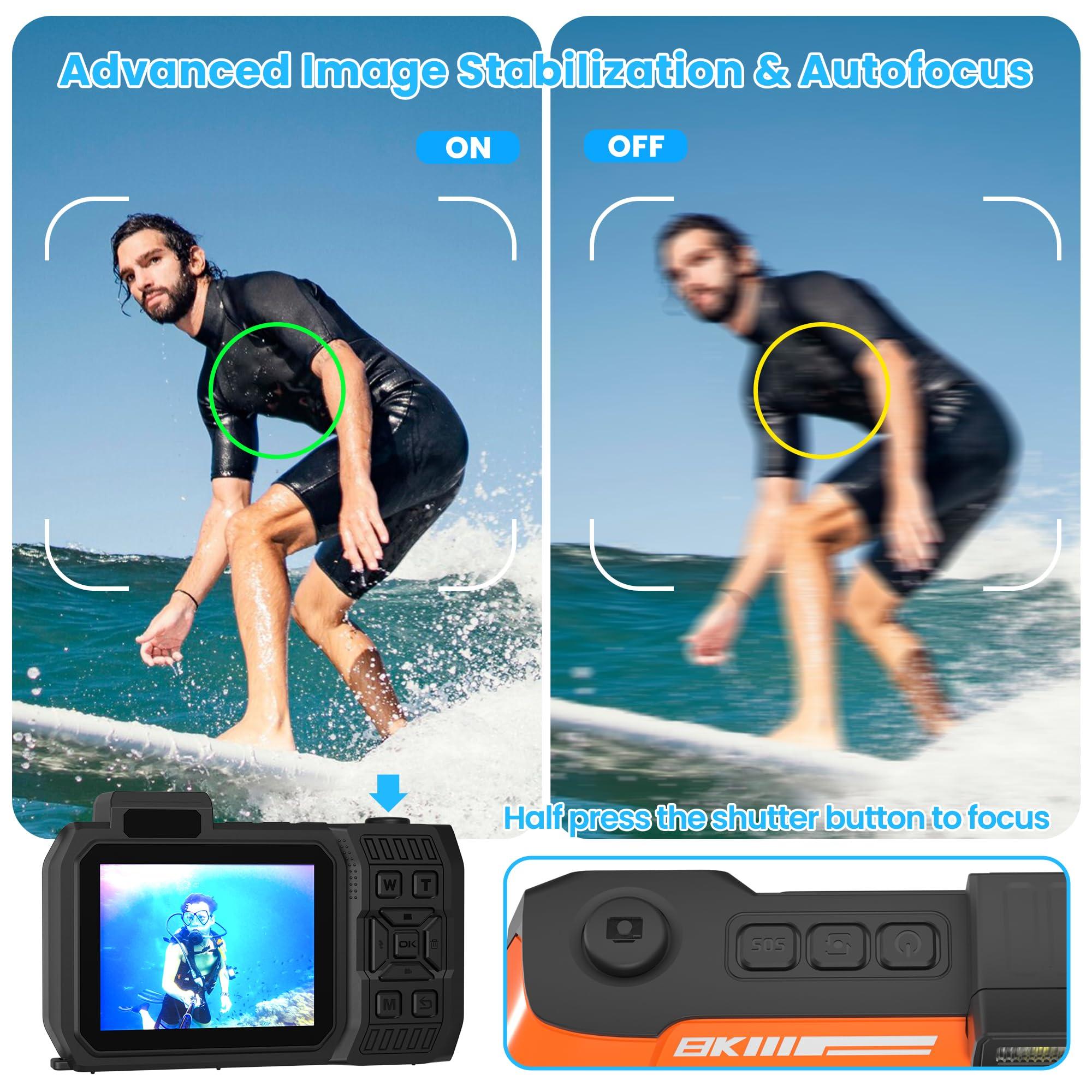 KitkidKind 8K 70MP Digital Camera with 64G Card 33FT Underwater Camera Waterproof Camera Rugged Dustproof Shockproof for Snorkeling 18X Zoom Autofocus Selfie Dual-Screen Camera Snorkeling Point and Shoot Camera