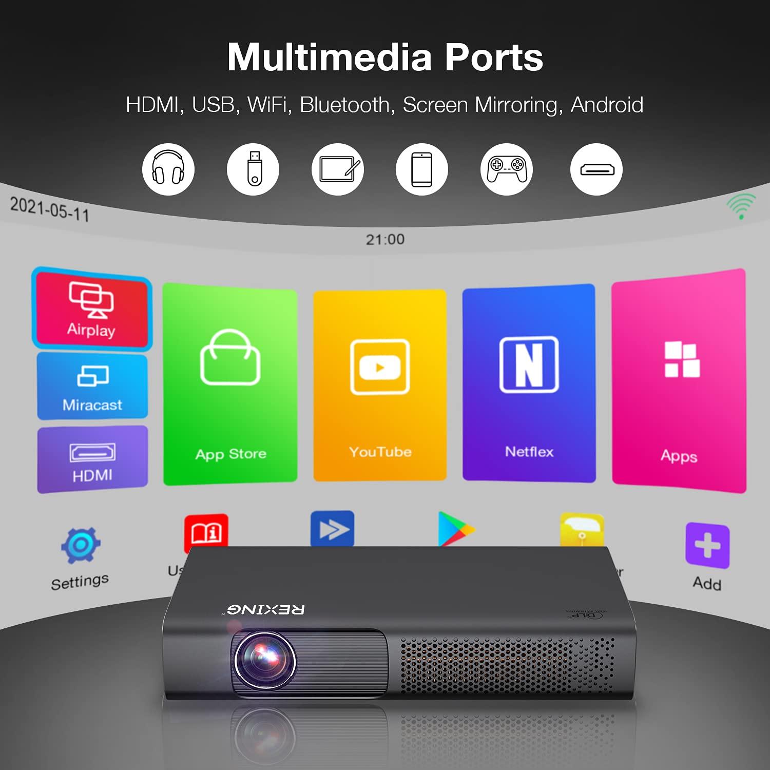 REXING REXING PRD615 Smart Home Projector 750 ANSI Lumens HD, Autofocus,3D Video,HDMI,Duo USB 2.0,WiFi, 40-150 inch DLP Projector, Miracast,App Store,Google Play,Chrome,Youtube, Netflix, Home Entertainment