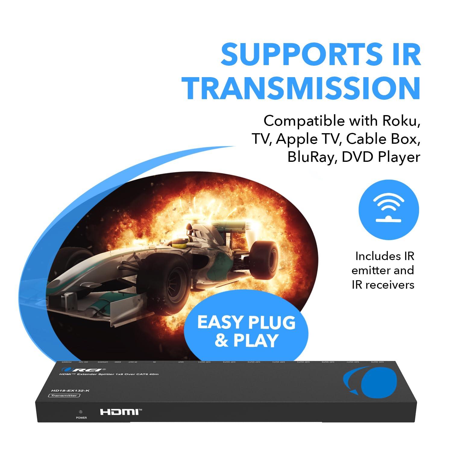 OREI OREI HDMI Extender Splitter 1 In 8 Out over CAT6/7 Cable 1080P@60Hz with EDID Management - Up to 165 Ft - Loop Out - IR Control - Low Latency