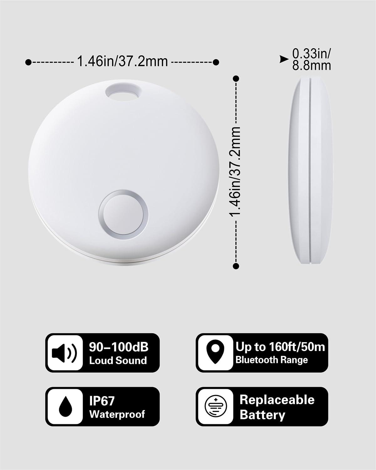 Reyke Reyke Smart Tag, Bluetooth Luggage Tracker, Works with Apple Find My (iOS Only), Item Locator for Key, Luggage, Backpack, Wallet, IP67 Waterproof, 4 Pack White