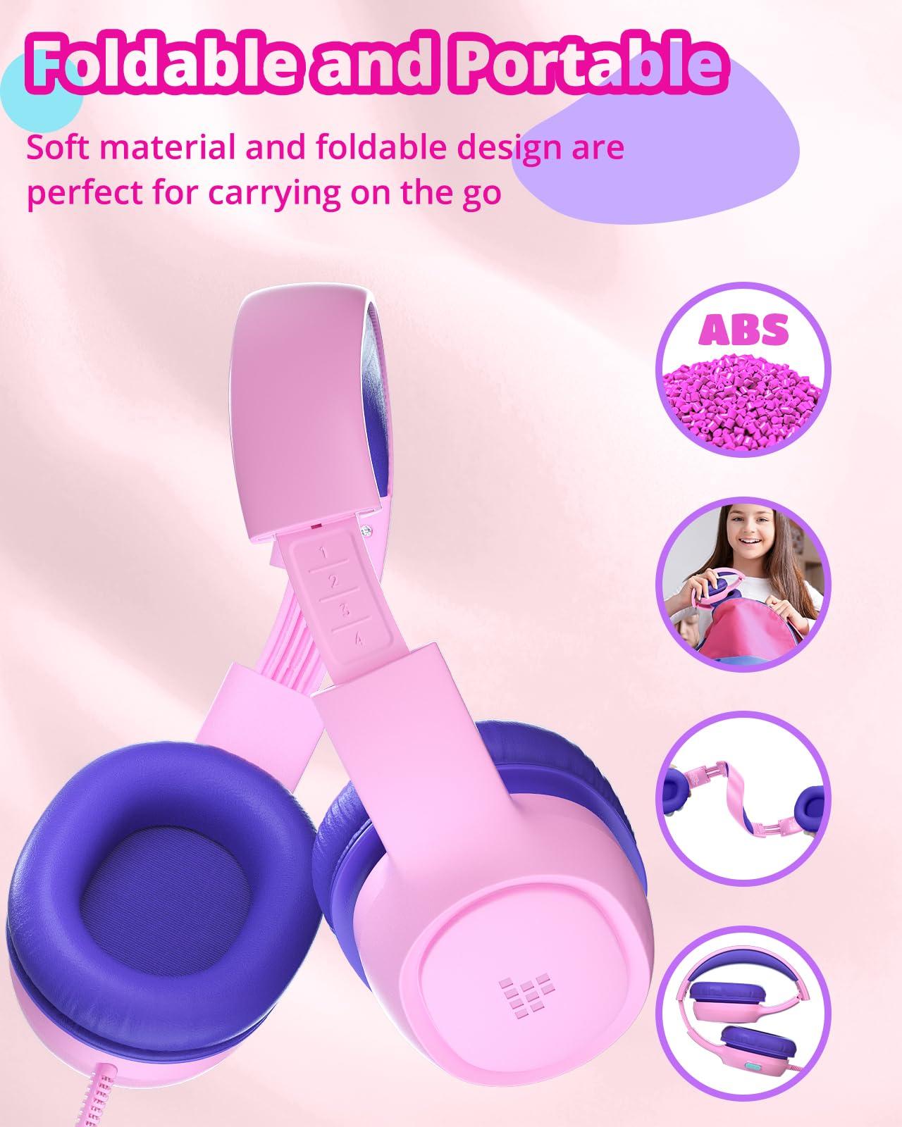 Tronsmart Tronsmart Kids Headphones KH01 Foldable Safety Volume 85/93dB Over-Ear Girls Boys Headphones for Kid HD Stereo 3.5mm Jack Wired Kids Headphones for Boys/Girls/School/Kindle/Travel/Tablets (Pink)