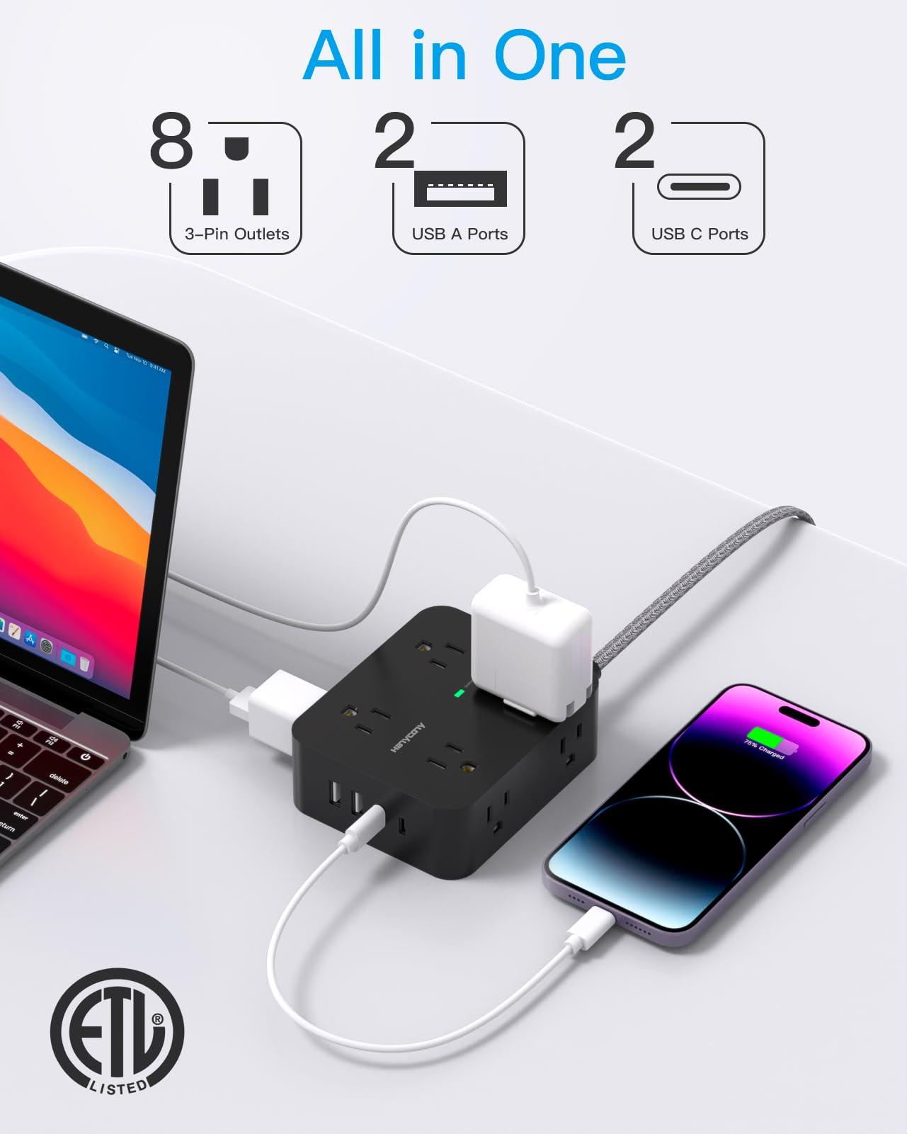 HANYCONY Power Strip Surge Protector, HANYCONY 8 Outlets with 4 USB Charging Ports(2 USB C), 3 Side Outlet Extender with 5 Ft Extension Cord, Flat Plug, Wall Mount, Desk Charging Station for Home Office ETL