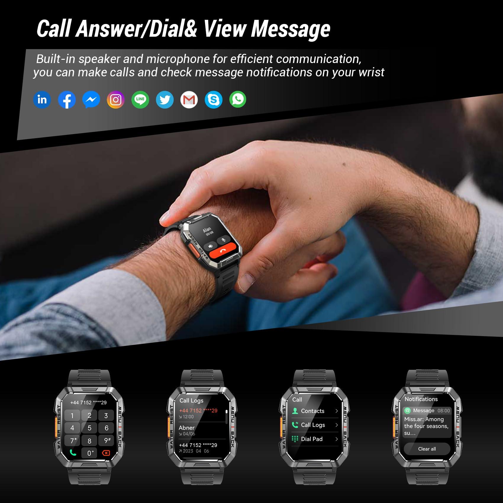 IOWODO Military Smart Watch for Men (Answer/Make Calls), 2.01'' Smart Watch for Android and iPhone, Fitness Tracker with Flashlight/Compass/100 Days Battery/Heart Rate/Sleep/100+ Sport Modes(2 Straps)