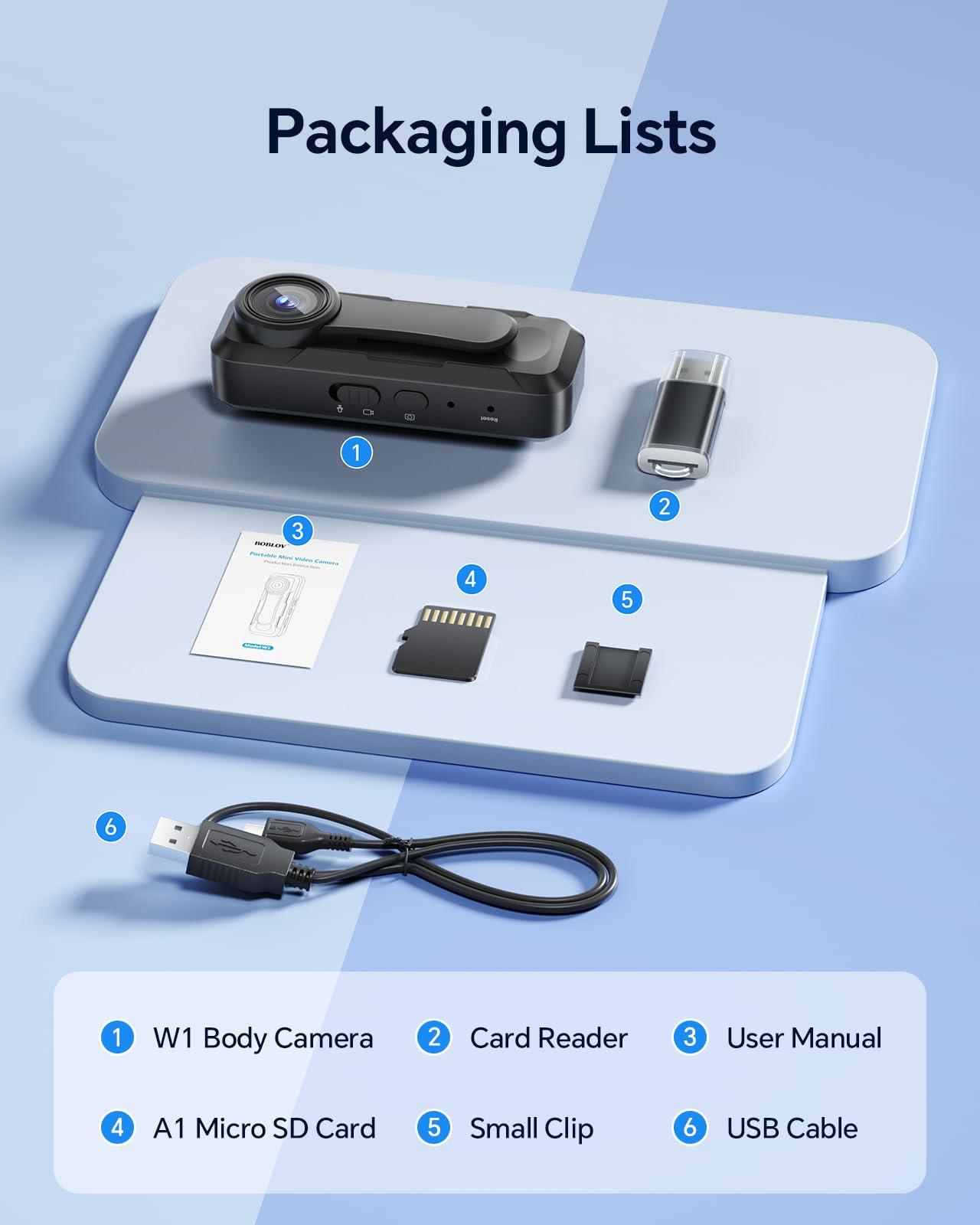 BOBLOV BOBLOV W1 64GB HD 1080P Body Worn Camera, Wearable Body Camera with 2 Clips, Loop Recording Body Camera Support Time Stamp, Back Clip for Traveling, Driver, Delivery Man, Lecture Recording