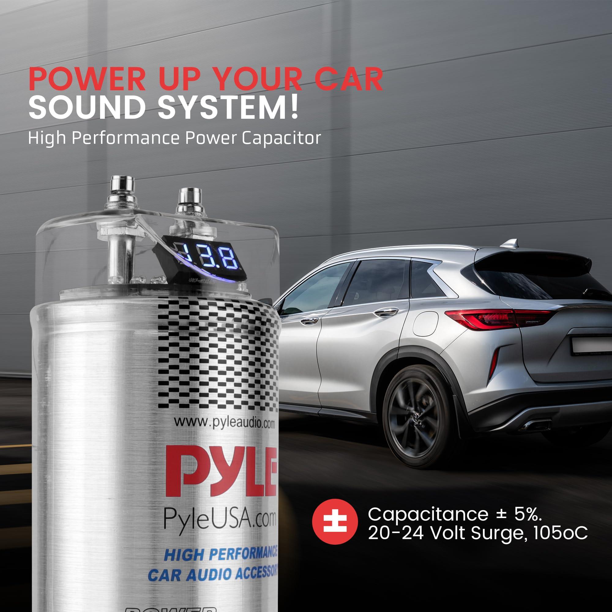 Pyle Pyle 5.0 Farad Digital Power Capacitor - High-Performance Car Audio Accessory with Blue Digital Display, Voltage Readout, Over Voltage Protection, Mounting Hardware, DC 12-24V - PLCAPE50