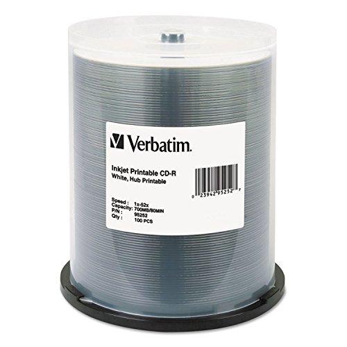 Verbatim Verbatim 95252 Cd-R, 700Mb, 52X, White Inkjet Printable, Hub Printable, 100/Pk Spindle