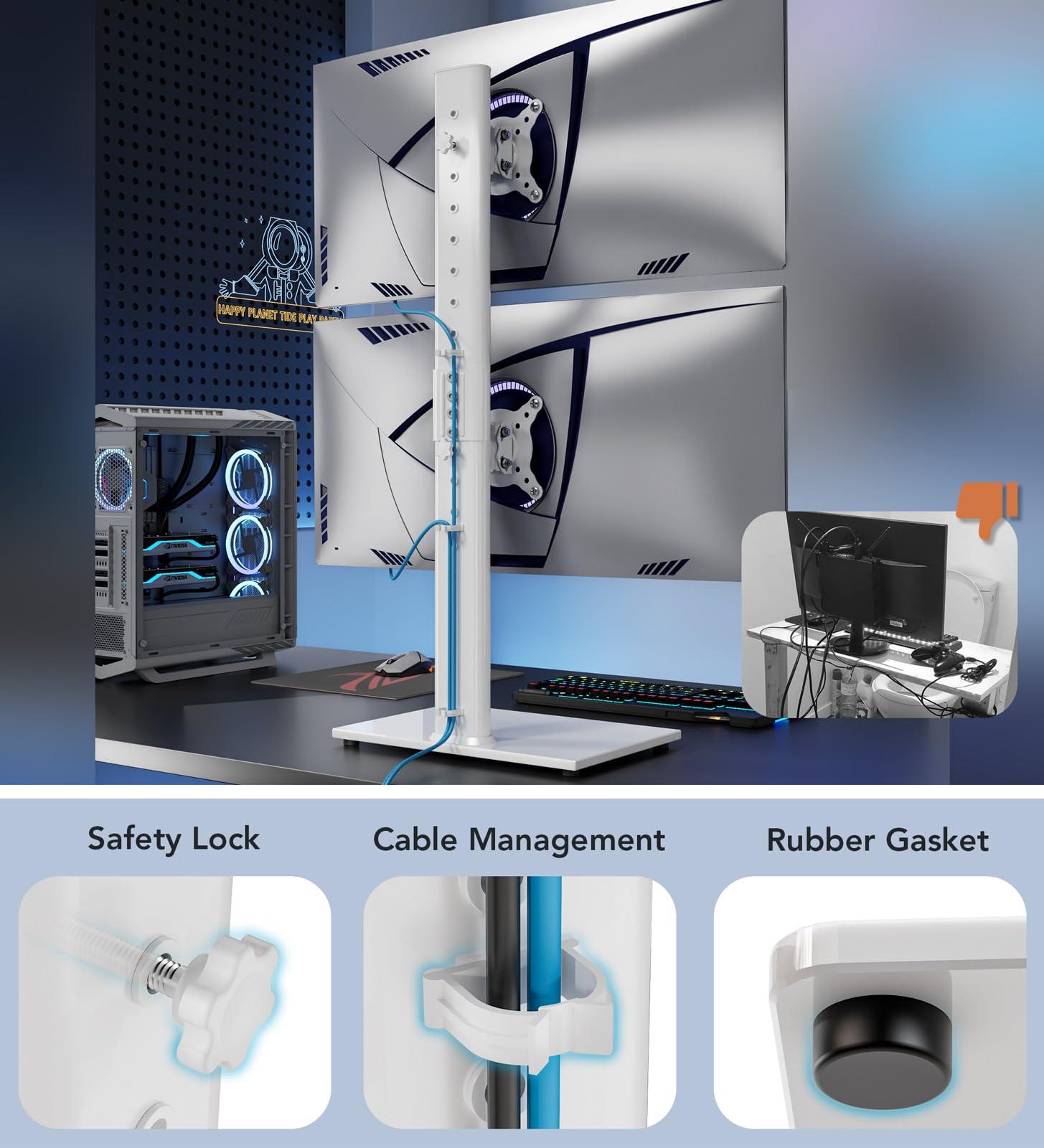 Hemudu Dual Monitor Stand - Vertical Stack Screen Free-Standing Monitor Riser Fits Two 13 to 34 Inch Screen with Swivel, Tilt, Height Adjustable, Holds One (1) Screen up to 44Lbs HT05W-002 White