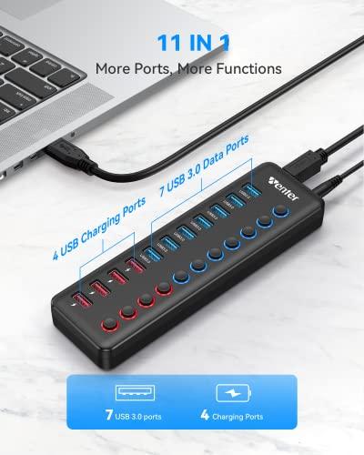 WENTER Powered USB 3.0 Hub, Wenter 11-Port Hub Splitter (7 Faster Data Transfer Ports+ 4 Smart Charging Ports) with Individual LED On/Off Switches, Power Adapter for Mac, PC