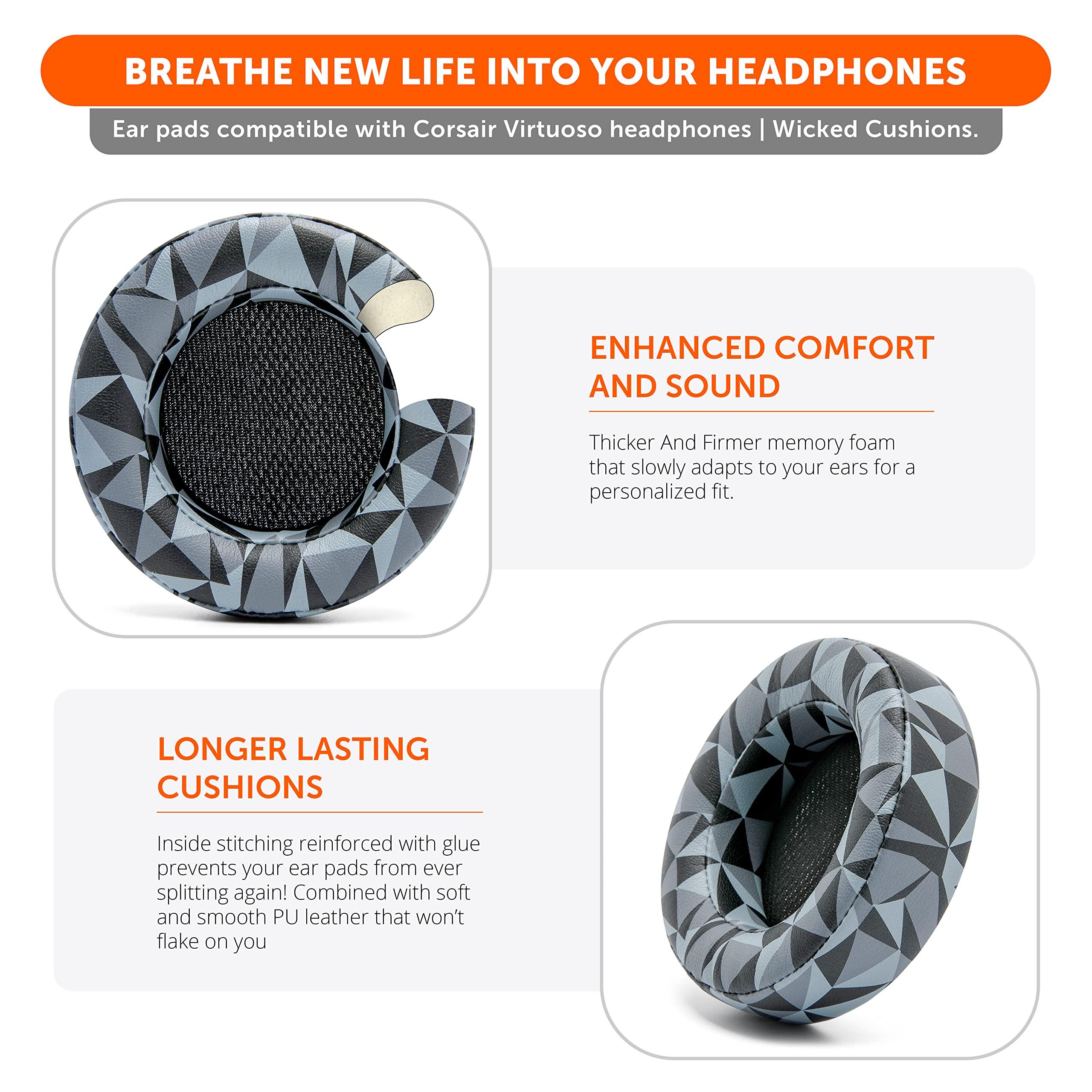 WC WC Upgraded Replacement Earpads for Corsair Virtuoso Gaming Headset Made by Wicked Cushions | Improved Durability, Thickness, Softer Leather, and Sound Isolation | (Geo Grey)