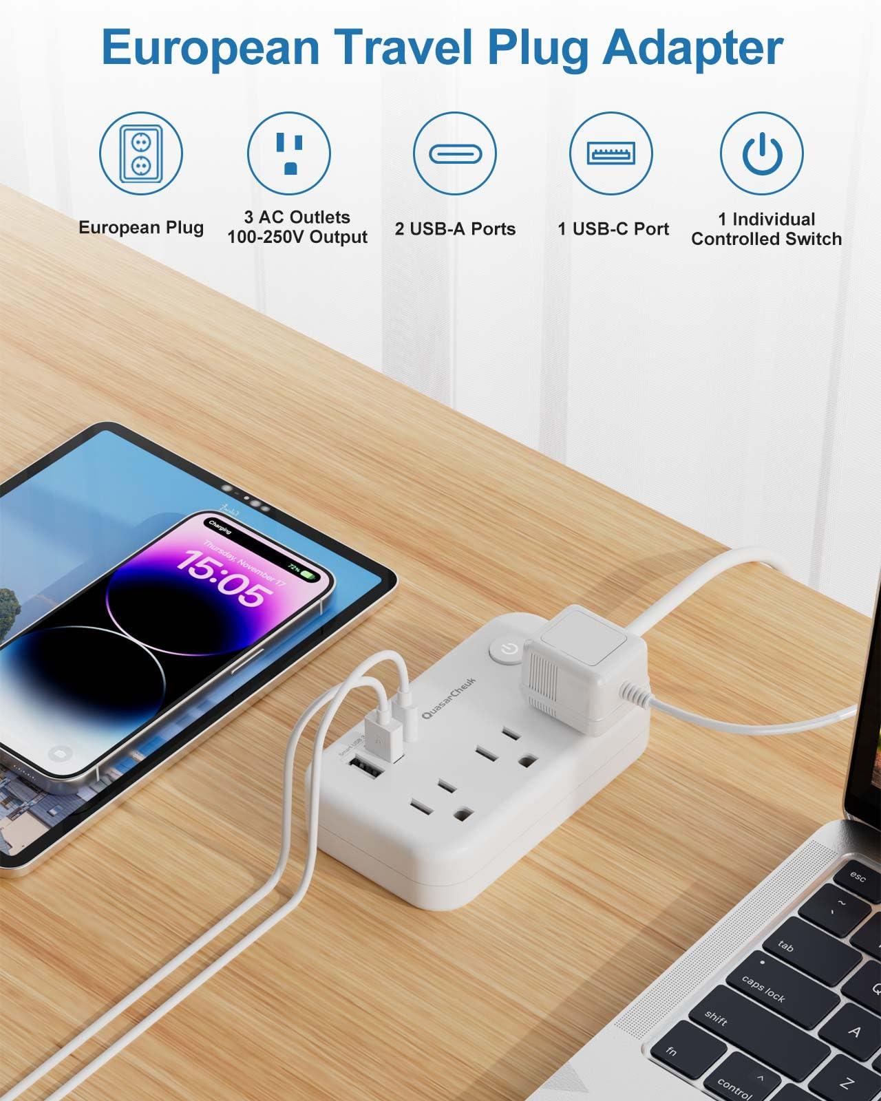 QuasarCheuk Type E F Plug Adapter, Germany France Travel Plug Adapter with 3 Outlets 3 USB PortsSchuko Plug Power Adaptor for US to Europe EU Spain Iceland Korea Greece Norway Russia German French, 4ft