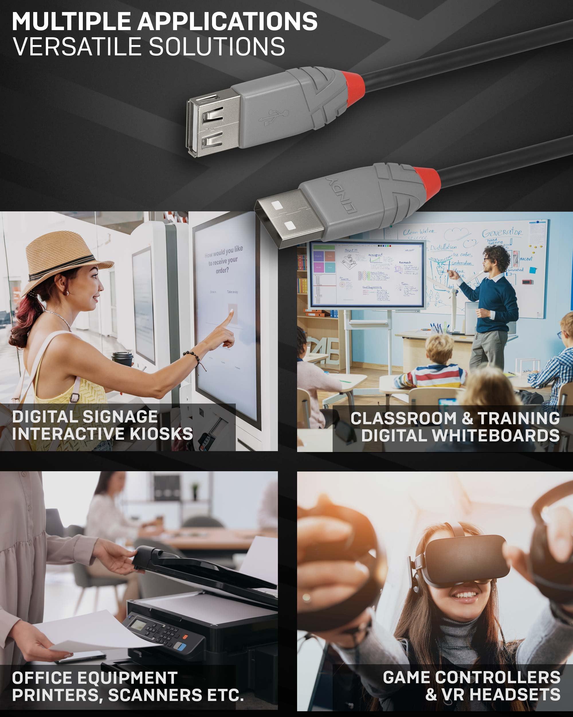 Lindy LINDY USB 2.0 Type A Extension Cable 2m, USB A Male to A Female Cable, Data Transfer Compatible for Printer, PC, Laptop, Scanner, Camera, Keyboard, Hard Drive, USB Disk, Anthra Line - Black