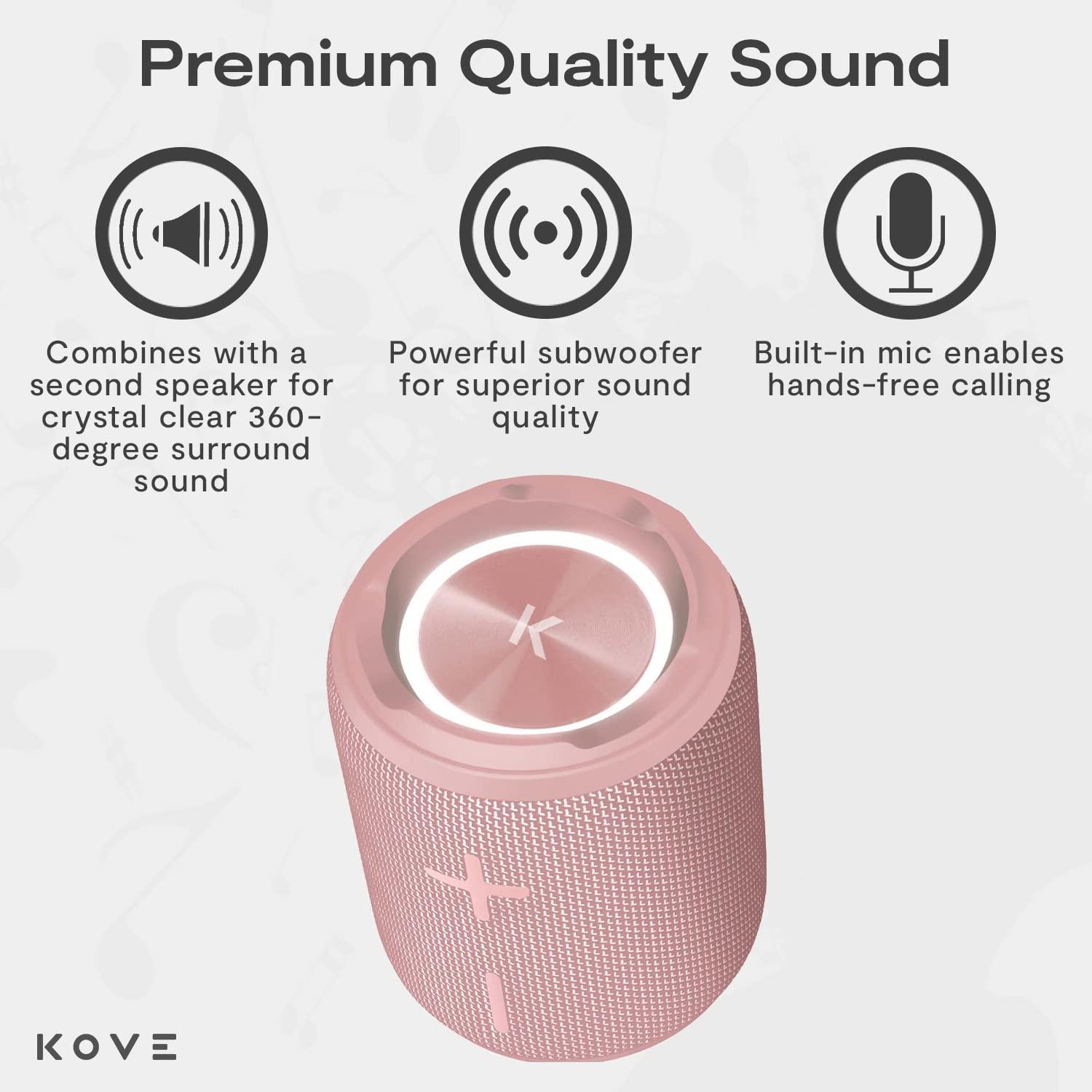 KOVE KOVE Mini Commuter 2 Portable Speaker - Pink Bluetooth Speakers, Wireless with HD Louder Volume, Deep Bass Subwoofer, Microphone, IPX7 Water Resistant - Perfect Boom Box for Home, Outdoor or Travel