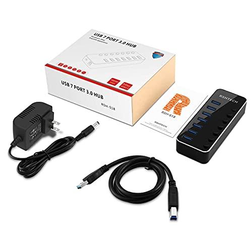 RSHTECH USB 3.0 Hub, RSHTECH 7 Port Powered USB Hub Expander Aluminum USB 3.0 Data Port hub with Universal 5V AC Adapter and Individual On/Off Switches USB Splitter for Laptop and PC(Black)