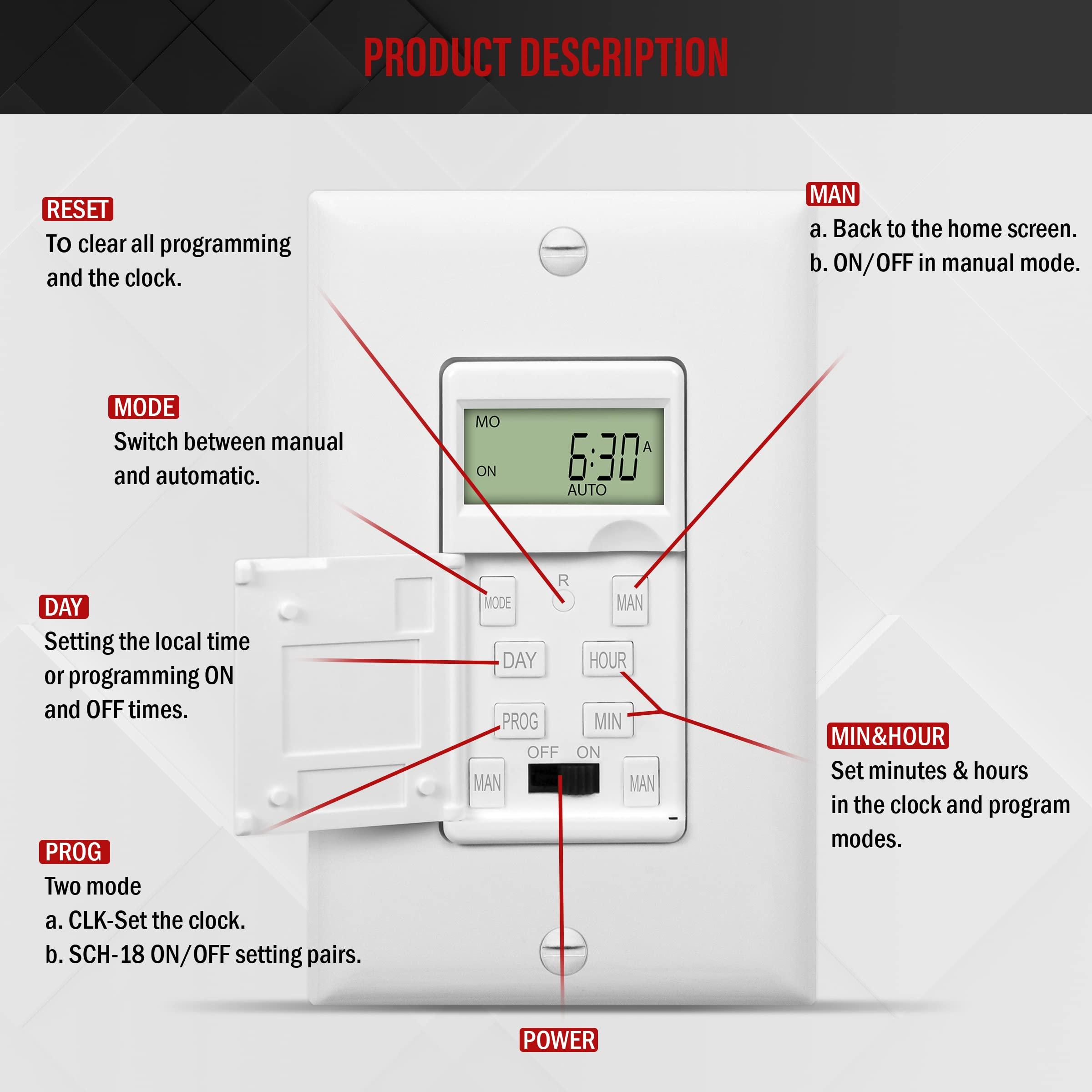 ENERLITES ENERLITES Programmable Digital Timer Switch for Lights, Fans, Motors, 7-Day 18 ON/OFF Timer Settings, Single Pole, Neutral Wire Required, UL Listed, HET01-C, White, 2 Pack