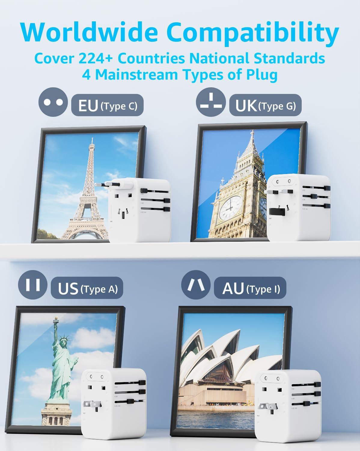 decqle decqle Universal Travel Adapter, International Travel Plug Adapter with 2 USB-C(PD 20W) 1 USB-A Ports, All in One Portable Adaptor, for USA, UK, EU, AU 224+ Countries (White) US