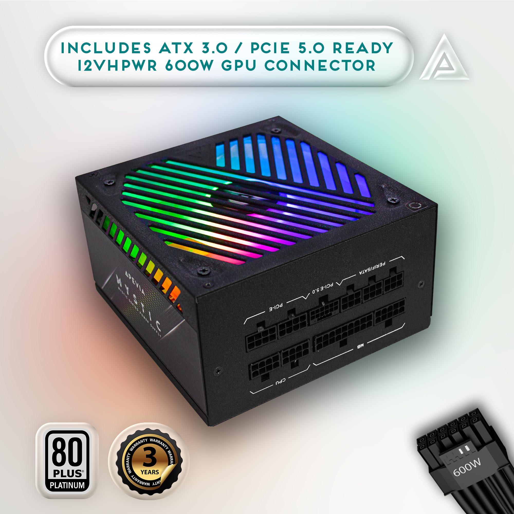 Apevia Apevia ATX-MT1200W Mystic 1200W Fully Modular 80+ Platinum Certified, PCIe 5.0 & ATX 3.0 Ready Active PFC ATX RGB Gaming Power Supply, Includes Gen 5 12VHPWR Connector & 366 RGB Light Modes
